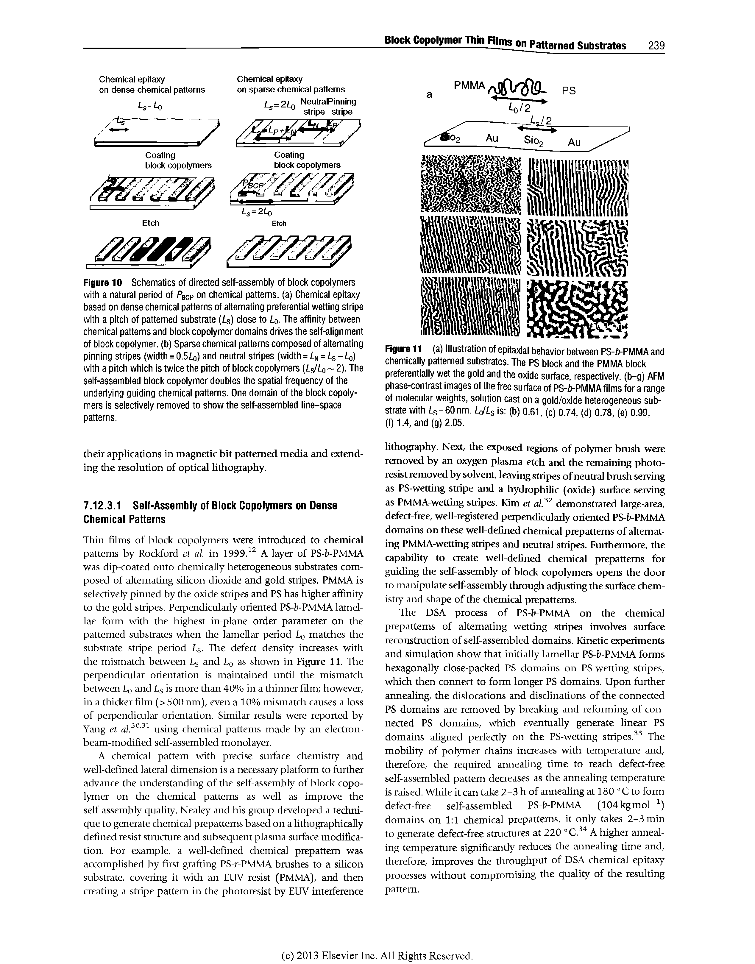 Figure 10 Schematics of directed self-assembly of block copolymers with a natural period of Pbcp on chemical patterns, (a) Chemical epitaxy based on dense chemical patterns of alternating preferential wetting stripe with a pitch of patterned substrate (Ls) close to Lo. The affinity between chemical patterns and block copolymer domains drives the self-alignment of block copolymer, (b) Sparse chemical patterns composed of alternating pinning stripes (width = 0.5io) and neutral stripes (width = Lk = Ls Lo) with a pitch which is twice the pitch of block copolymers (Ls/Lo 2). The self-assembled block copolymer doubles the spatial frequency of the underlying guiding chemical patterns. One domain of the block copolymers is selectively removed to show the self-assembled line-space patterns.