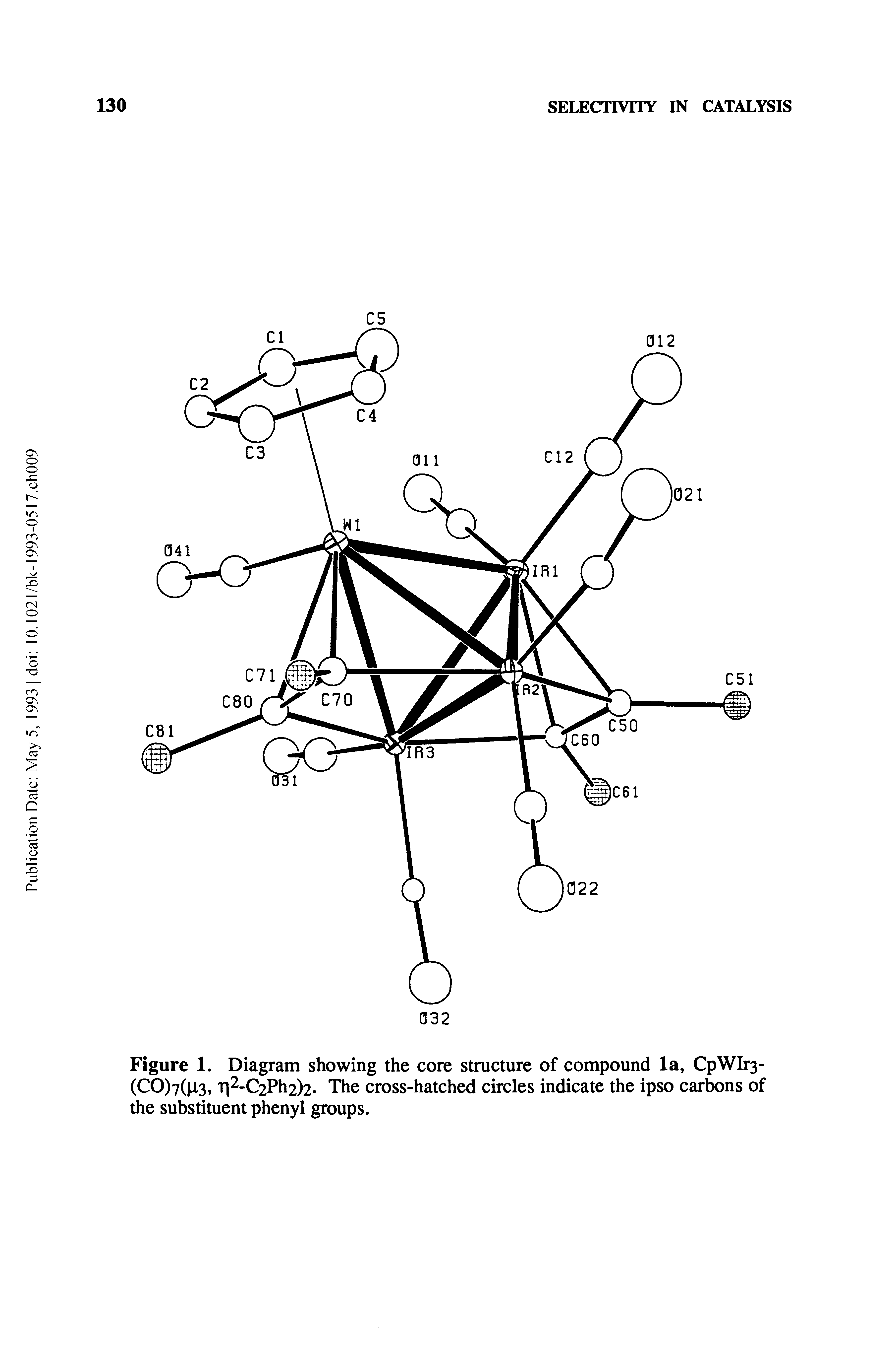 Figure 1. Diagram showing the core structure of compound la, CpWIr3-(CO)7( i3, T 2-C2Ph2)2 The cross-hatched circles indicate the ipso carbons of the substituent phenyl groups.