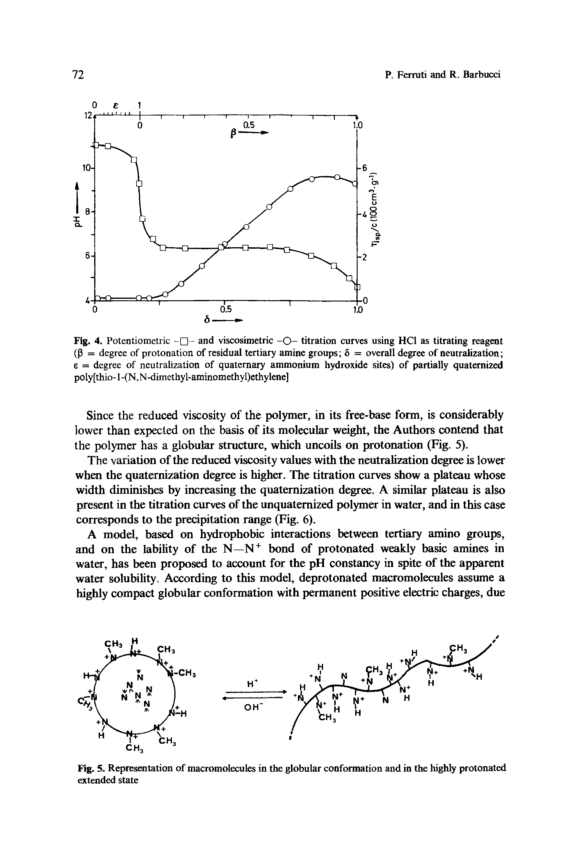 Fig. 4. Potentiometric - - and viscosimetric -O- titration curves using HC1 as titrating reagent ( 3 = degree of protonation of residual tertiary amine groups 5 = overall degree of neutralization e = degree of neutralization of quaternary ammonium hydroxide sites) of partially quatemized poly[thio-l-(N,N-dimethyl-aminomethyl)ethylene]...