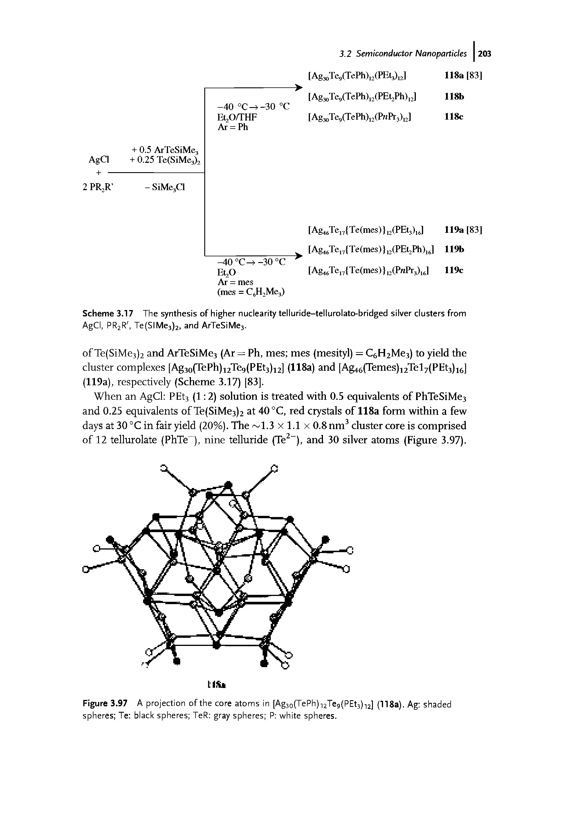 Scheme 3.17 The synthesis of higher nuclearity telluride-tellurolato-bridged silver clusters from AgCI, PRjR, Te(SIMe3)2, and ArTeSiMej.