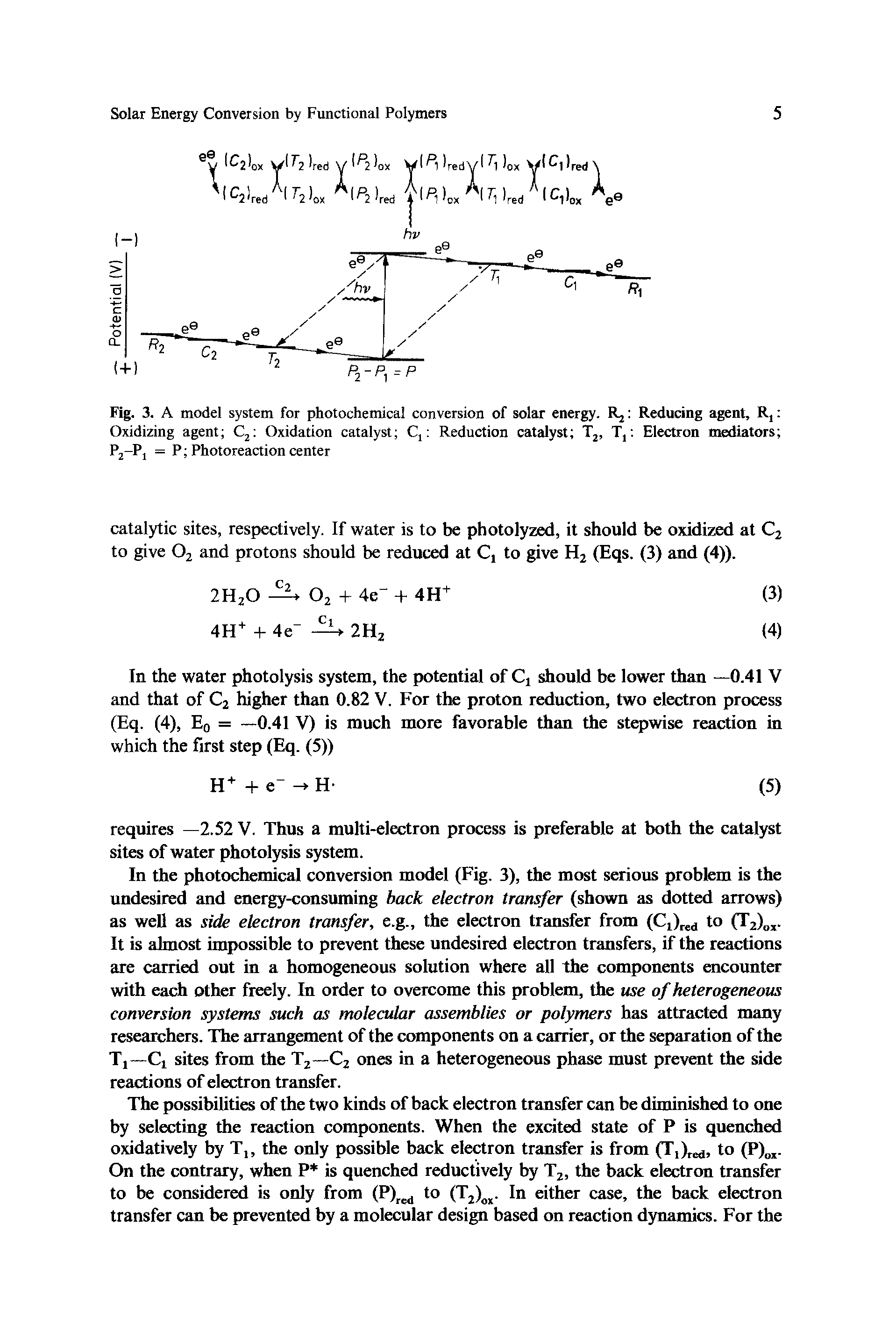 Fig. 3. A model system for photochemical conversion of solar energy. R2 Reducing agent, R, Oxidizing agent C2 Oxidation catalyst Cj Reduction catalyst T2, T, Electron mediators P2-Pj = P Photoreaction center...