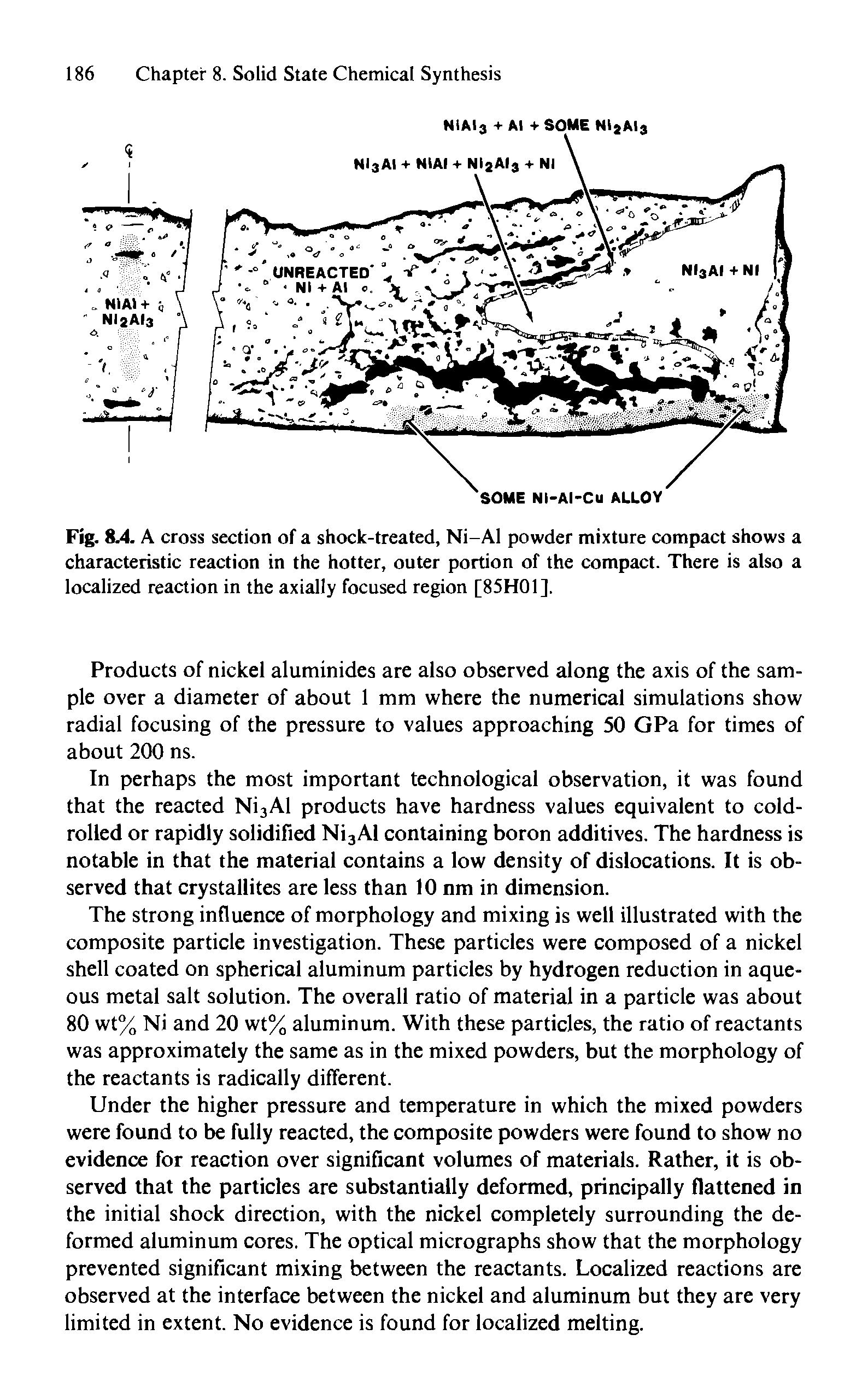Fig. 8A A cross section of a shock-treated, Ni-Al powder mixture compact shows a characteristic reaction in the hotter, outer portion of the compact. There is also a localized reaction in the axially focused region [85H01],...