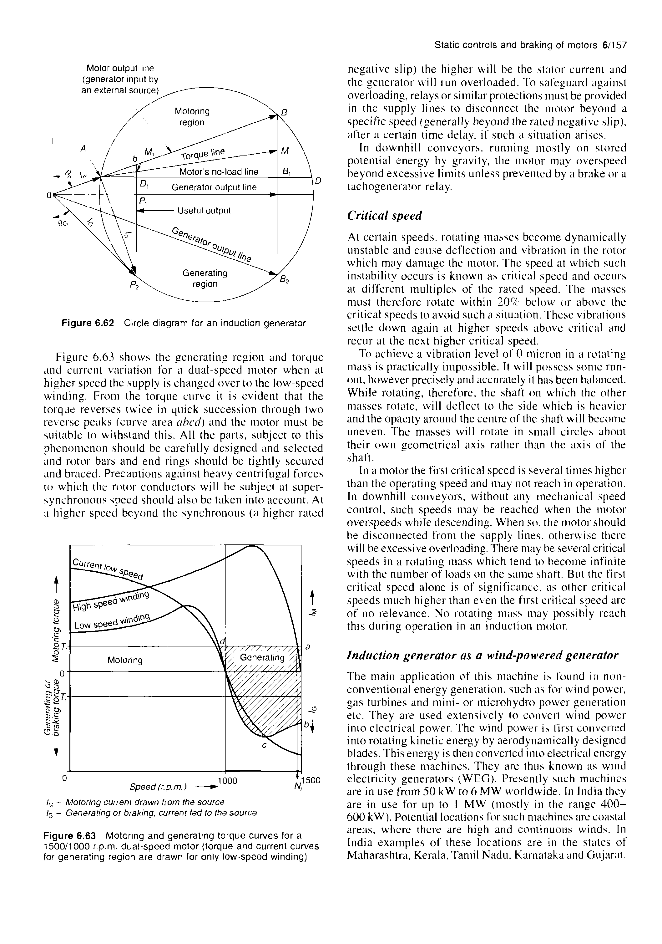 Figure 6.63 Motoring and generating torque curves for a 1500/1000 r.p.m. dual-speed motor (torque and current curves for generating region are drawn for only low-speed winding)...