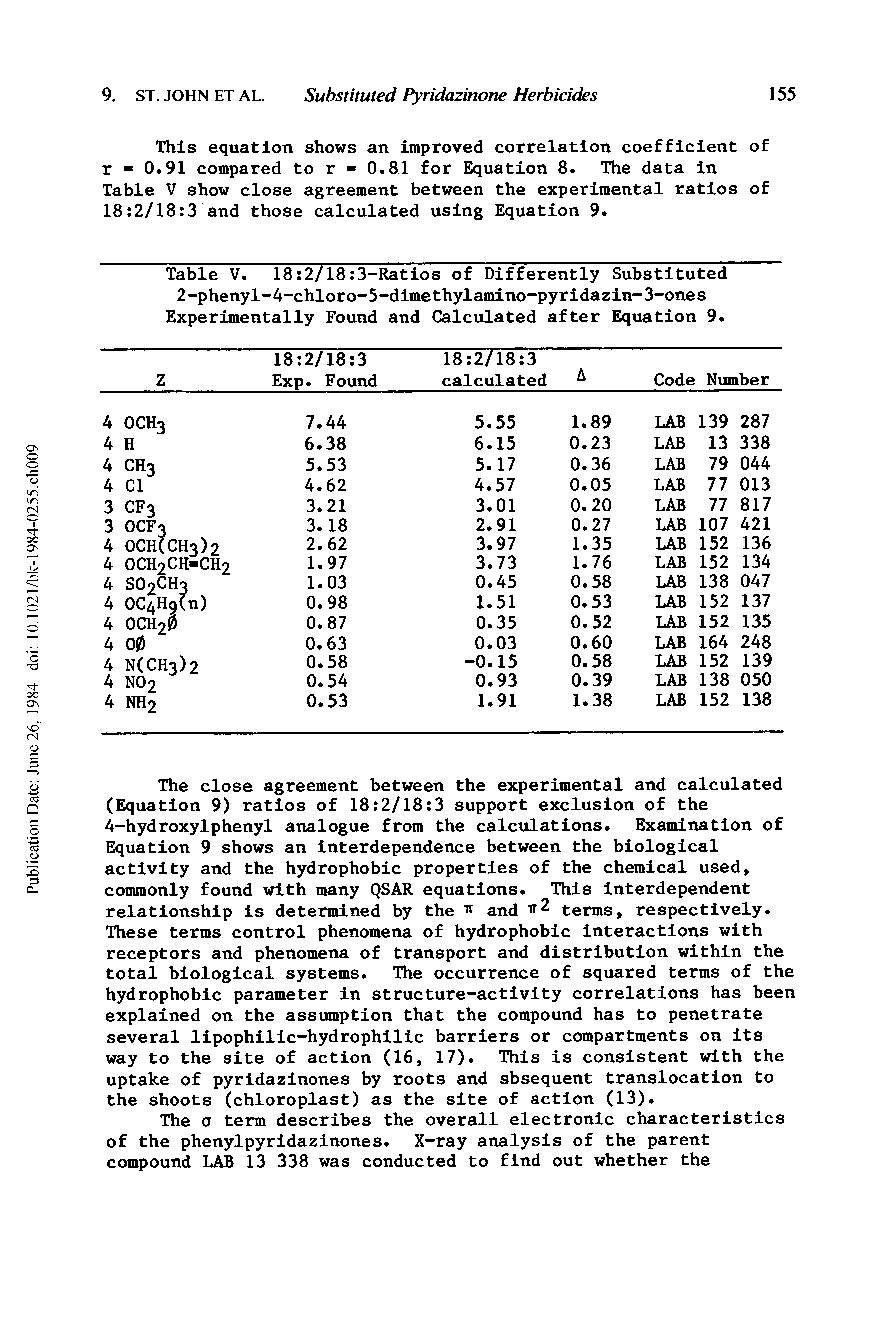 Table V. 18 2/18 3-Ratios of Differently Substituted 2-phenyl-4-chloro-5-dimethylamino-pyridazin-3-ones Experimentally Found and Calculated after Equation 9.