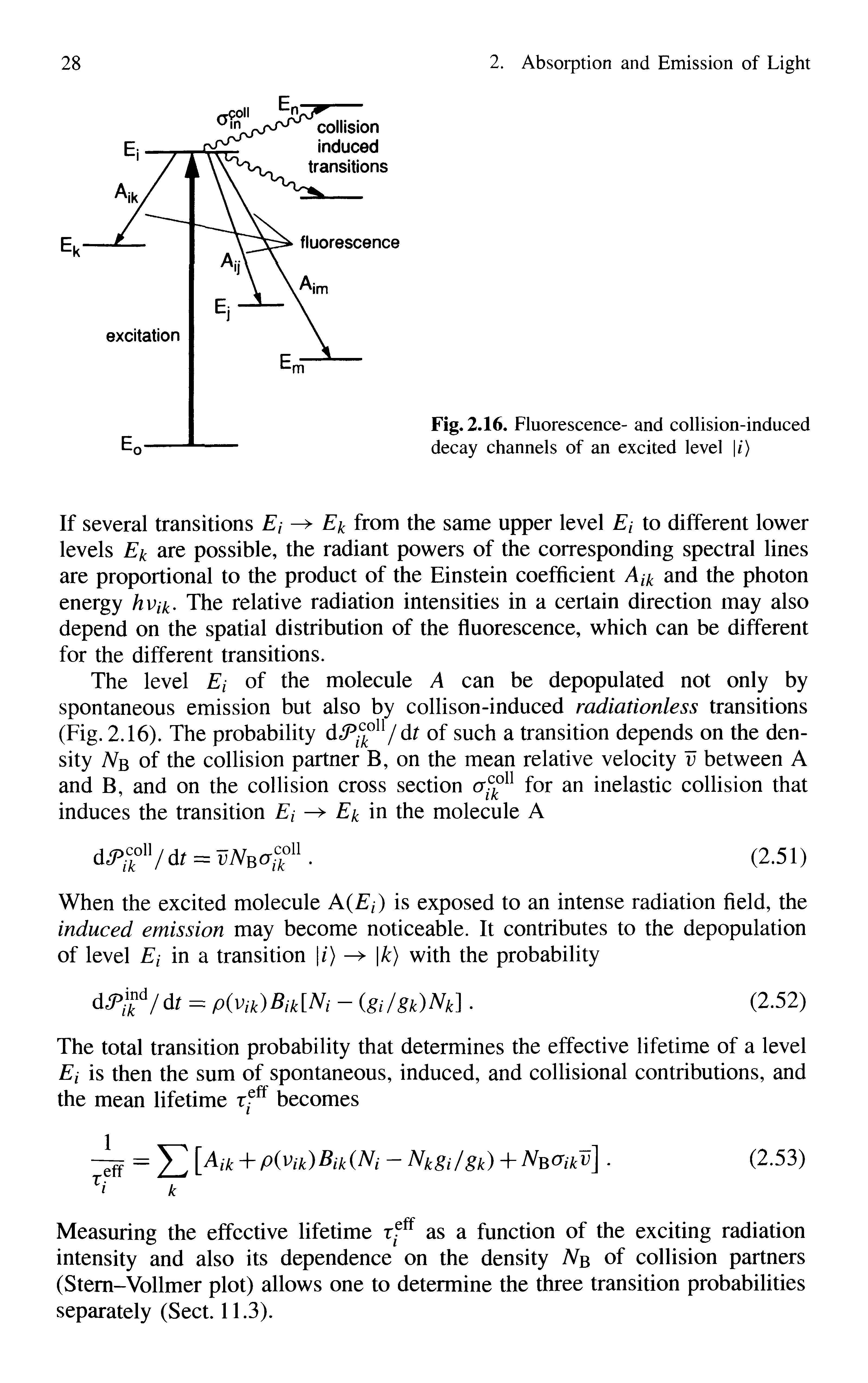 Fig. 2.16. Fluorescence- and collision-induced decay channels of an excited level /)...