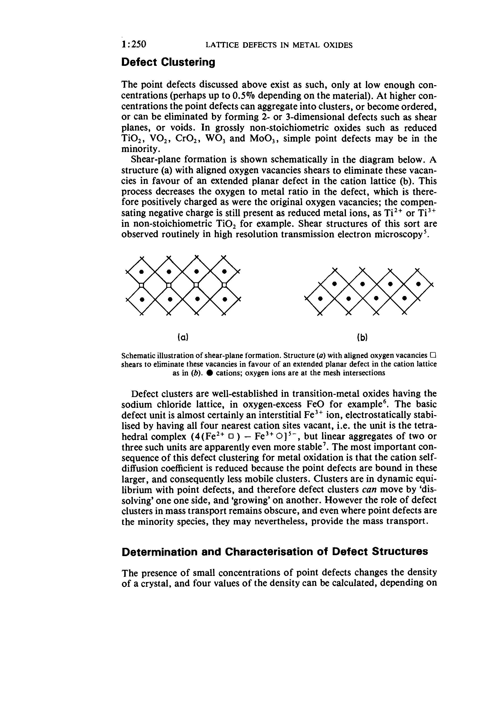 Schematic illustration of shear-plane formation. Structure (a) with aligned oxygen vacancies shears to eliminate these vacancies in favour of an extended planar defect in the cation lattice as in (b). % cations oxygen ions are at the mesh intersections...