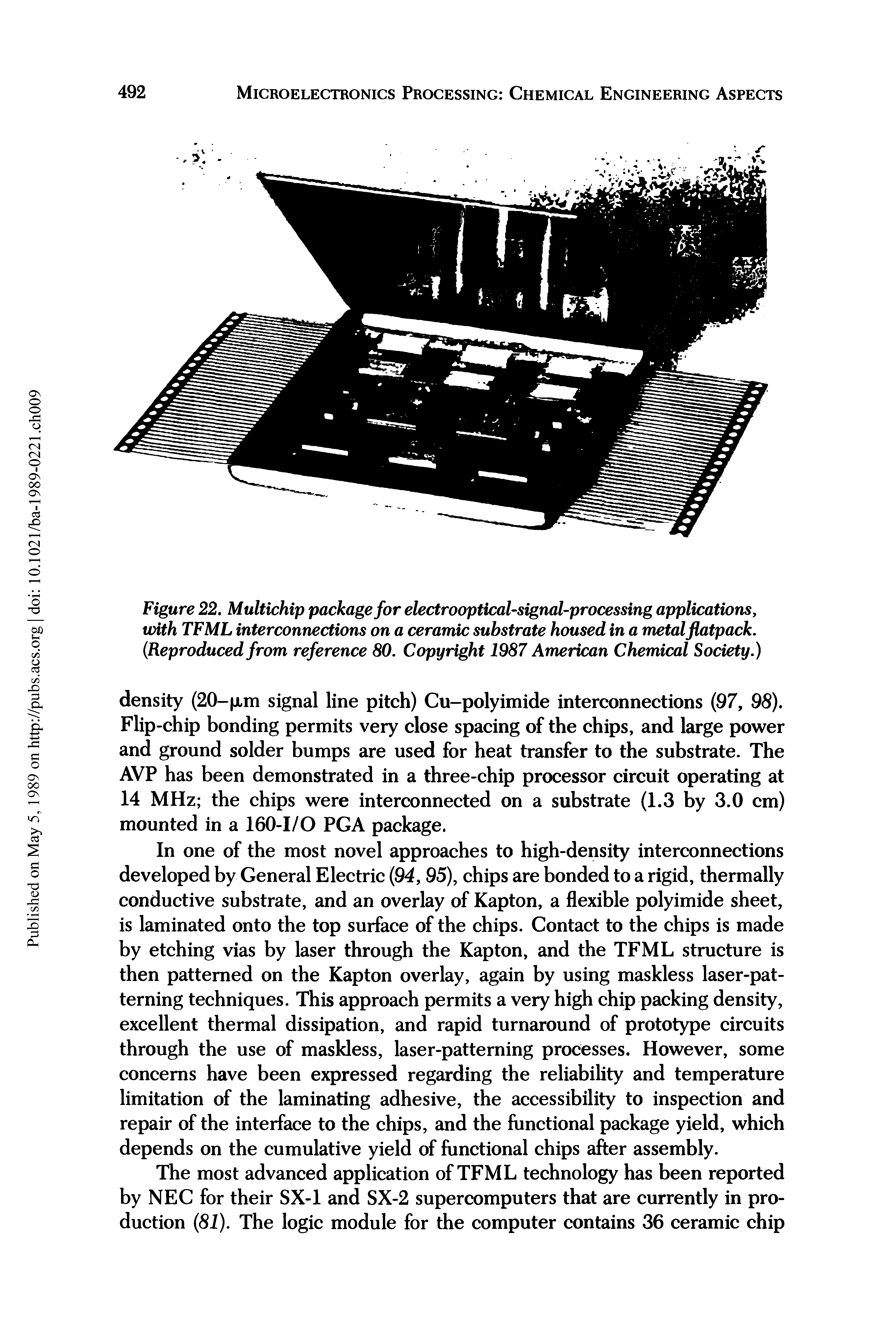 Figure 22. Multichip package for electrooptical-signal-processing applications, with TFML interconnections on a ceramic substrate housed in a metal flatpack. (Reproduced from reference 80. Copyright 1987 American Chemical Society.)...