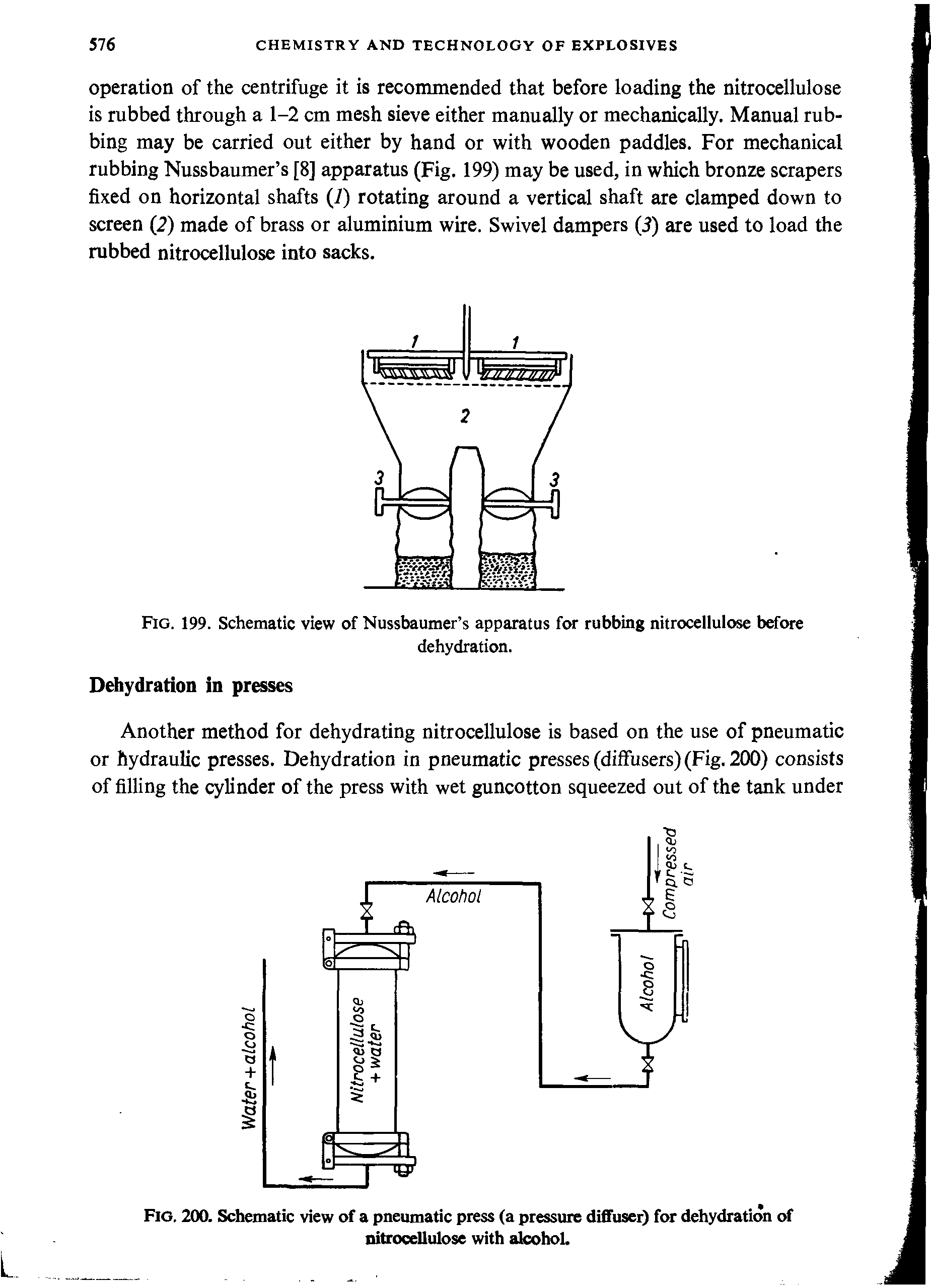 Fig. 200. Schematic view of a pneumatic press (a pressure diffuser) for dehydration of nitrocellulose with alcohol.