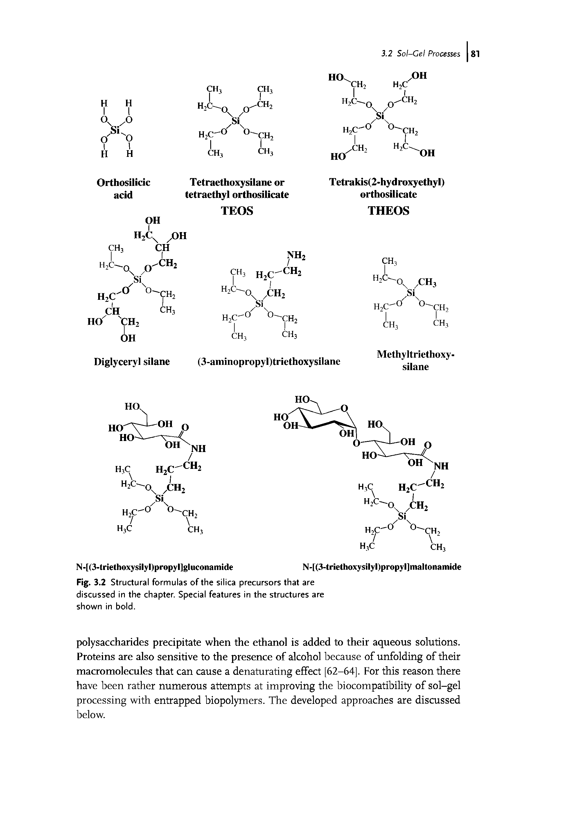 Fig. 3.2 Structural formulas of the silica precursors that are discussed in the chapter. Special features in the structures are shown in bold.