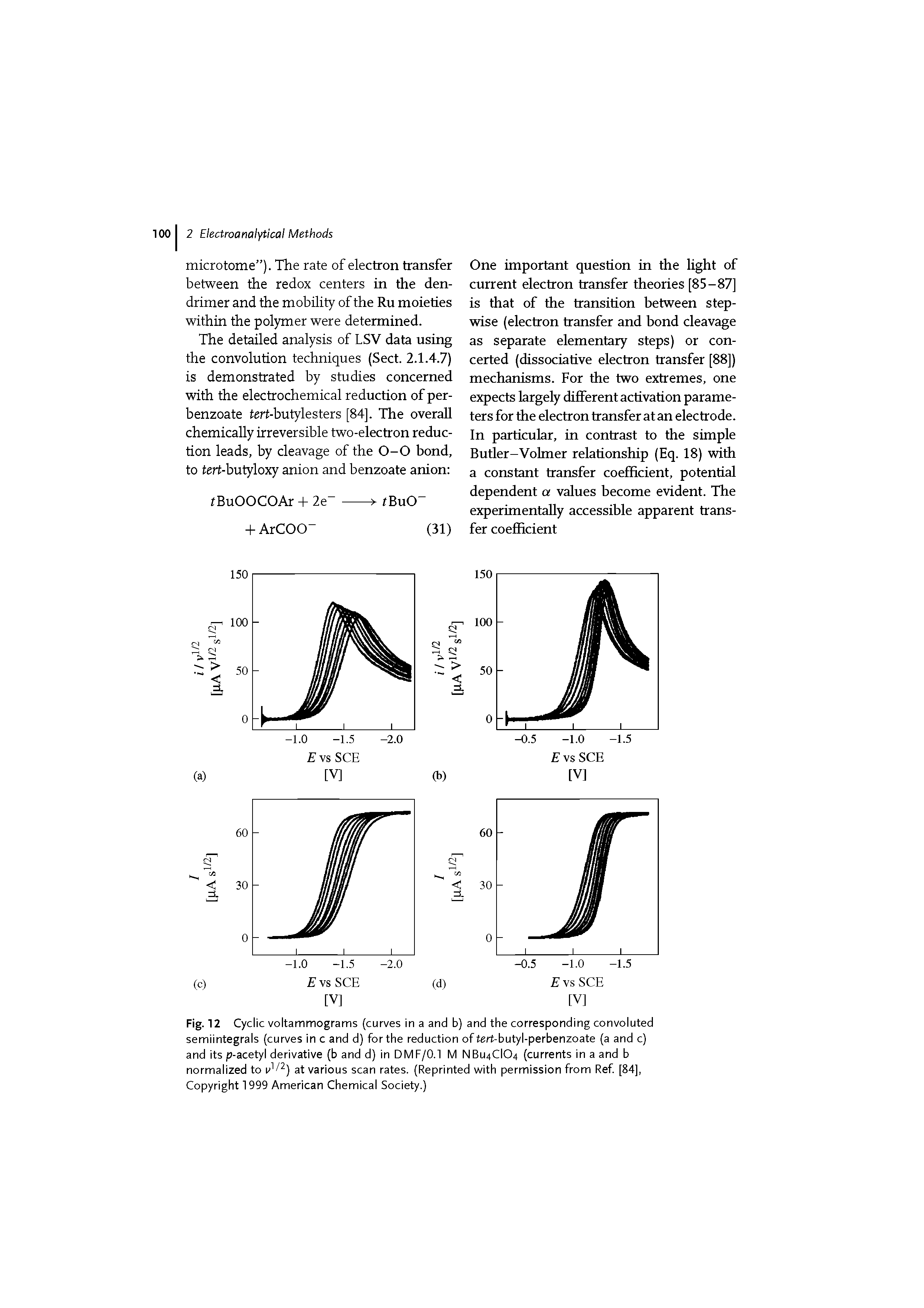 Fig. 12 Cyclic voltammograms (curves in a and b) and the corresponding convoluted semiintegrals (curves In c and d) for the reduction of tert-butyl-perbenzoate (a and c) and its p-acetyl derivative (b and d) in DMF/0.1 M NBU4CIO4 (currents in a and b normalized to at various scan rates. (Reprinted with permission from Ref [84], Copyright 1999 American Chemical Society.)...
