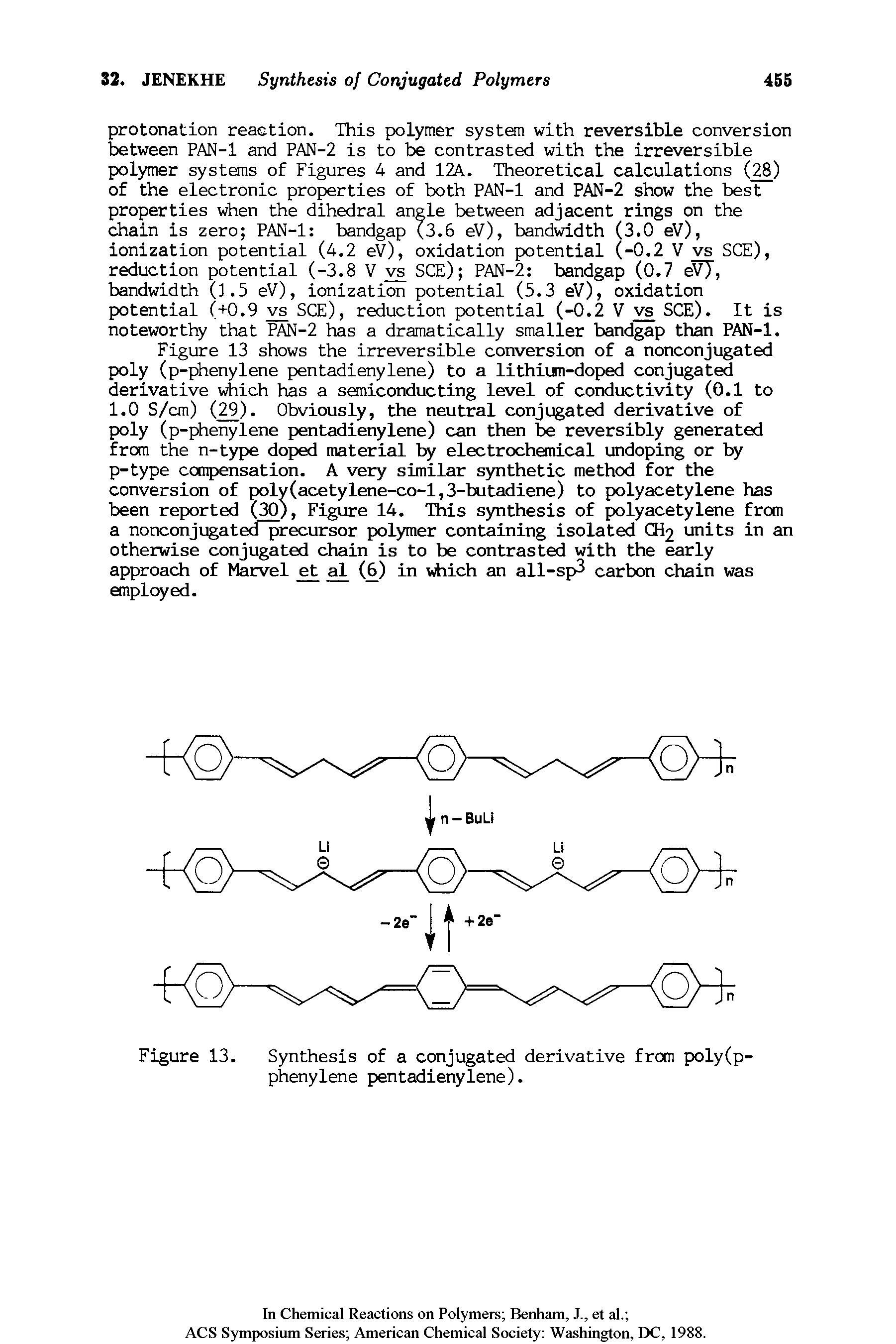 Figure 13 shows the irreversible conversion of a nonconjugated poly (p-phenylene pentadienylene) to a lithiun-doped conjugated derivative which has a semiconducting level of conductivity (0.1 to 1.0 S/cm) (29). Obviously, the neutral conjugated derivative of poly (p-phenylene pentadienylene) can then be reversibly generated from the n-type doped material by electrochemical undoping or by p-type compensation. A very similar synthetic method for the conversion of poly(acetylene-co-1,3-butadiene) to polyacetylene has been reported (30), Figure 14. This synthesis of polyacetylene from a nonconjugated precursor polymer containing isolated CH2 units in an otherwise conjugated chain is to be contrasted with the early approach of Marvel et al (6) in which an all-sp3 carbon chain was employed.