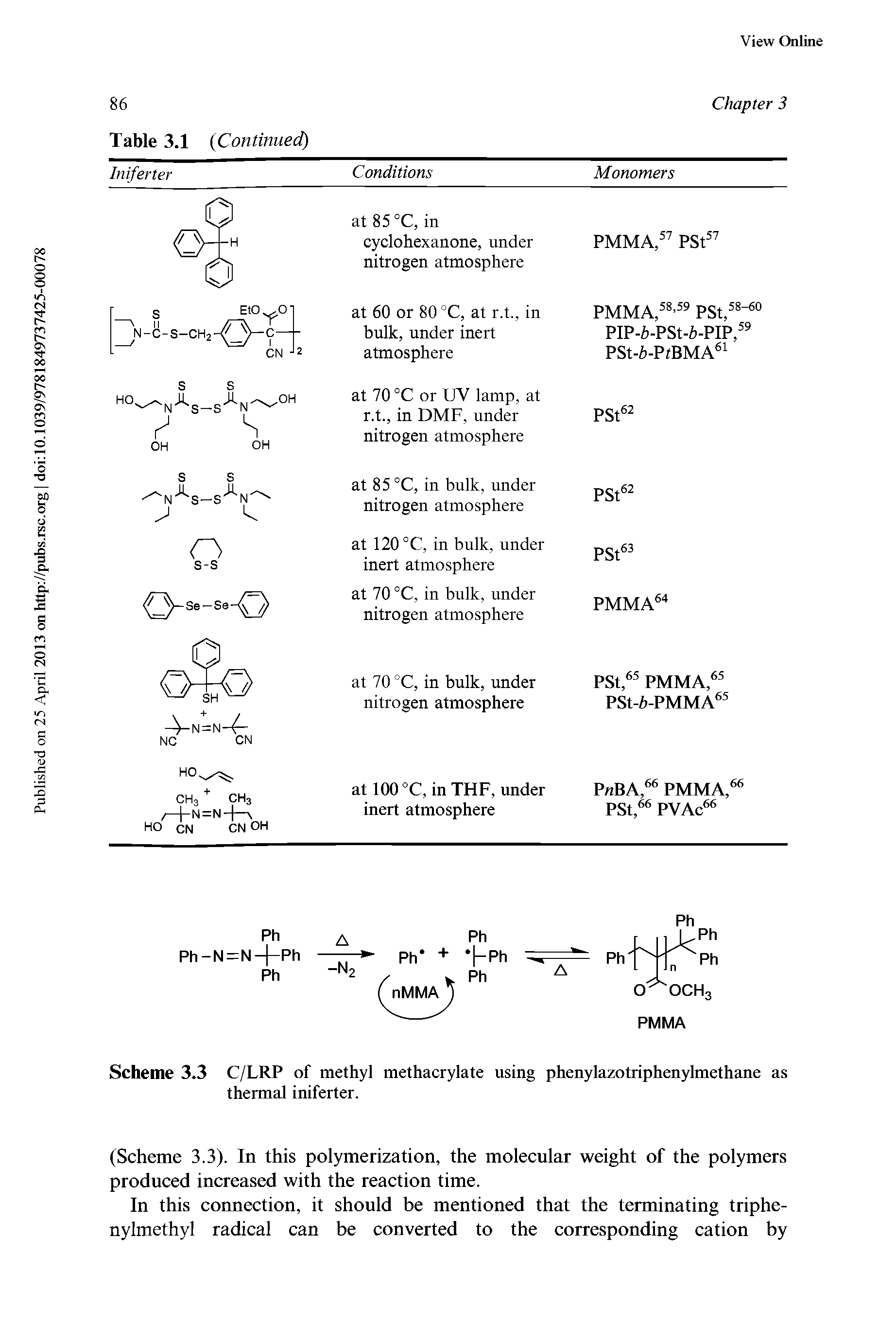 Scheme 3.3 C/LRP of methyl methacrylate using phenylazotriphenyhnethane as thermal iniferter.