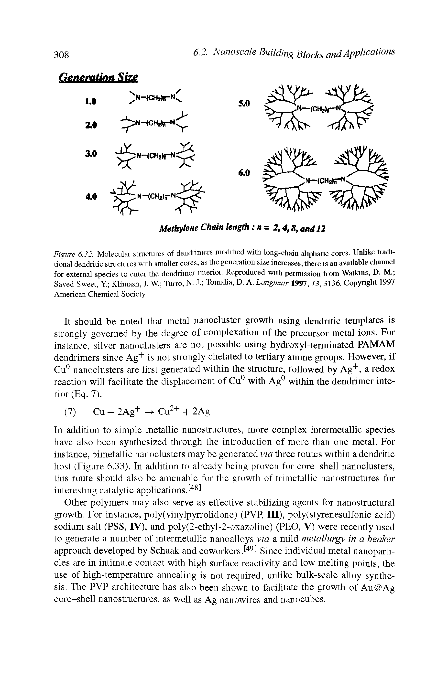 Figure 6.32. Molecular structures of dendrimers modified with long-chain aliphatic cores. Unlike traditional dendritic structures with smaller cores, as the generation size increases, there is an available channel for external species to enter the dendrimer interior. Reproduced with permission from Watkins, D. M. Sayed-Sweet, Y Klimash, J. W Turro, N. J. Tomalia, D. A. Langmuir 1997,13, 3136. Copyright 1997 American Chemical Society.