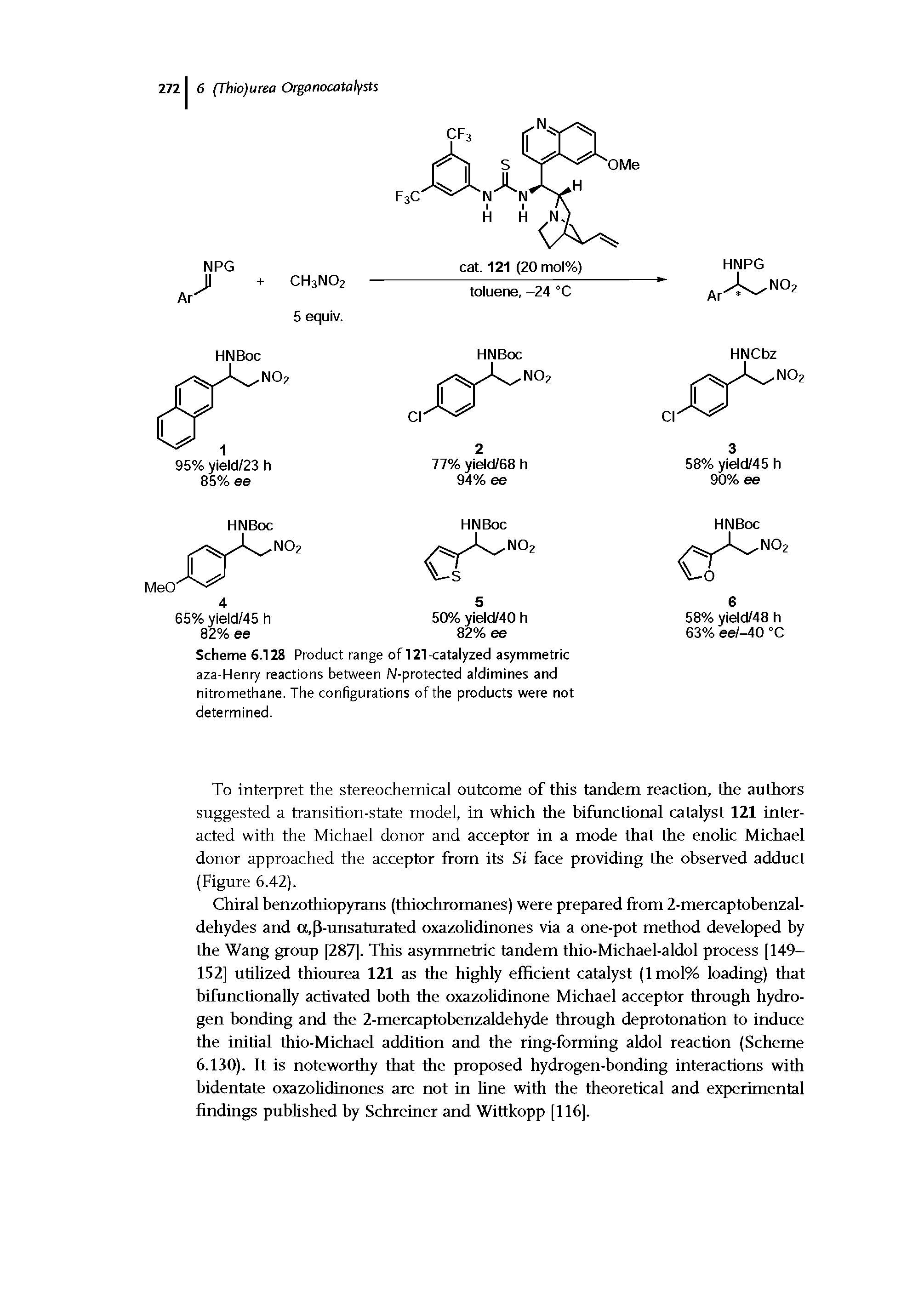 Scheme 6.128 Product range of 121-catalyzed asymmetric aza-Henry reactions between N-protected aldimines and nitromethane. The configurations of the products were not determined.