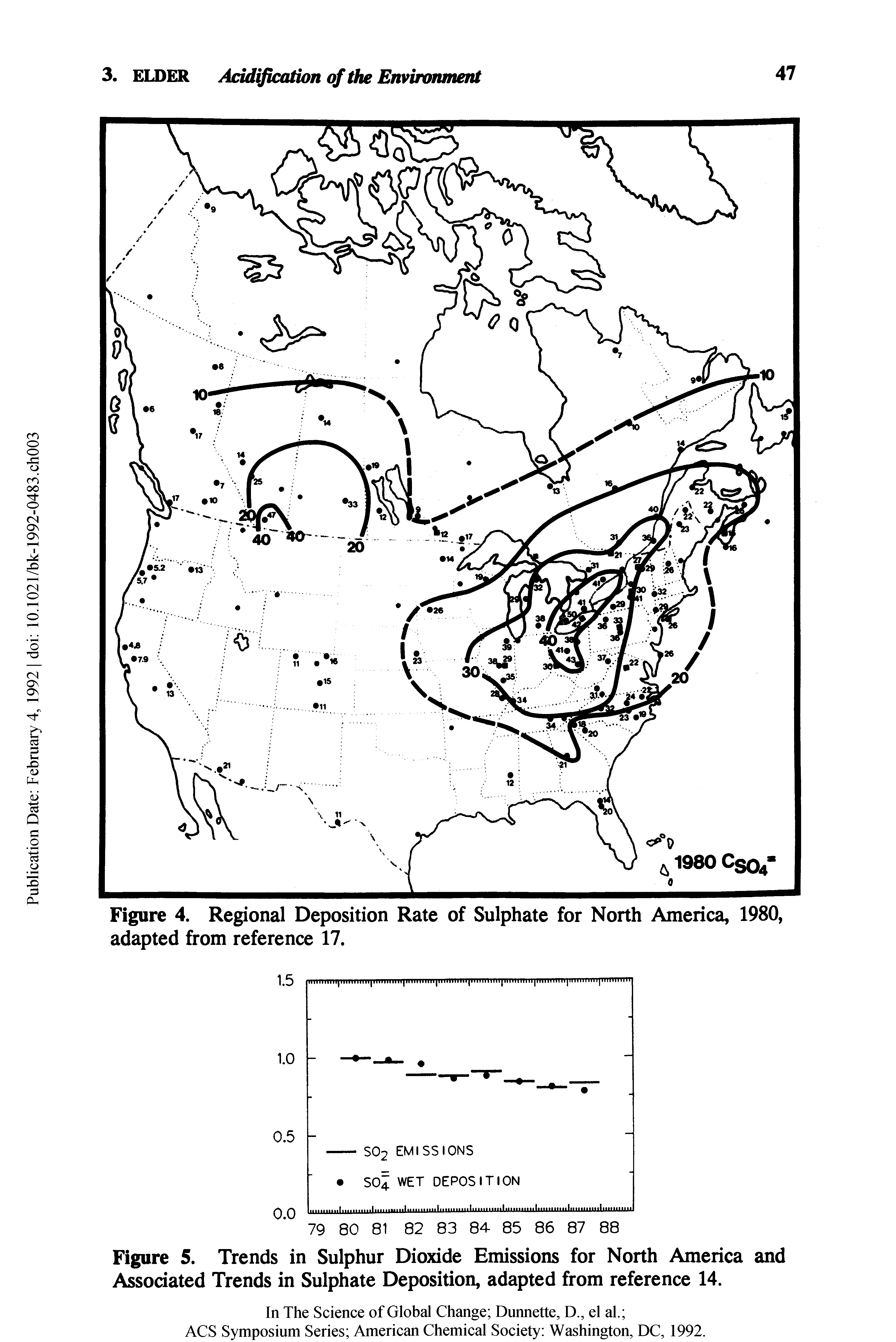 Figure 4. Regional Deposition Rate of Sulphate for North America, 1980, adapted from reference 17.
