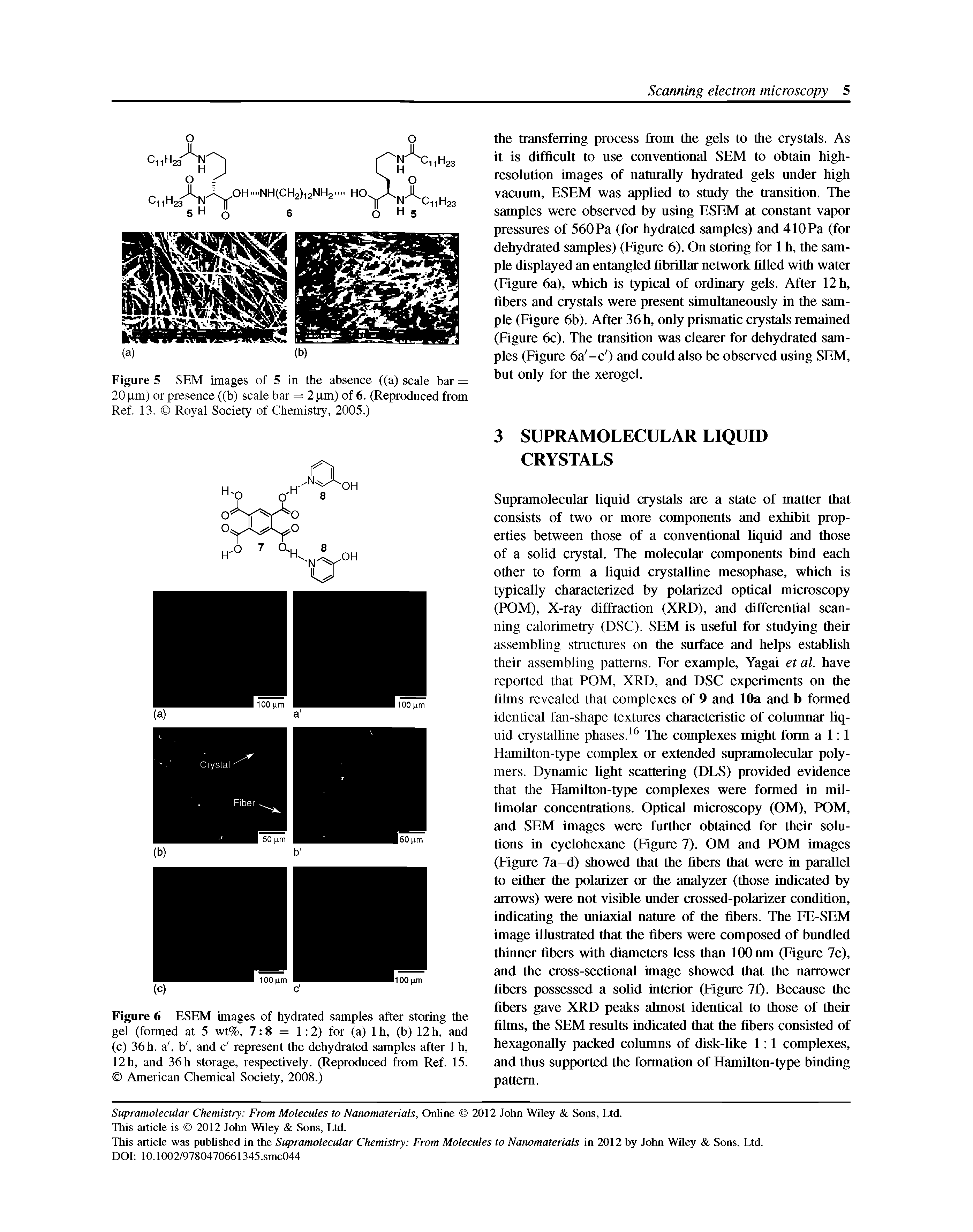 Figure 6 ESEM images of hydrated samples after storing the gel (formed at 5 wt%, 7 8 = 1 2) for (a) 1 h, (b) 12 h, and (c) 36 h. a, b, and c represent the dehydrated samples after 1 h, 12 h, and 36 h storage, respectively. (Reproduced from Ref. 15. American Chemical Society, 2008.)...