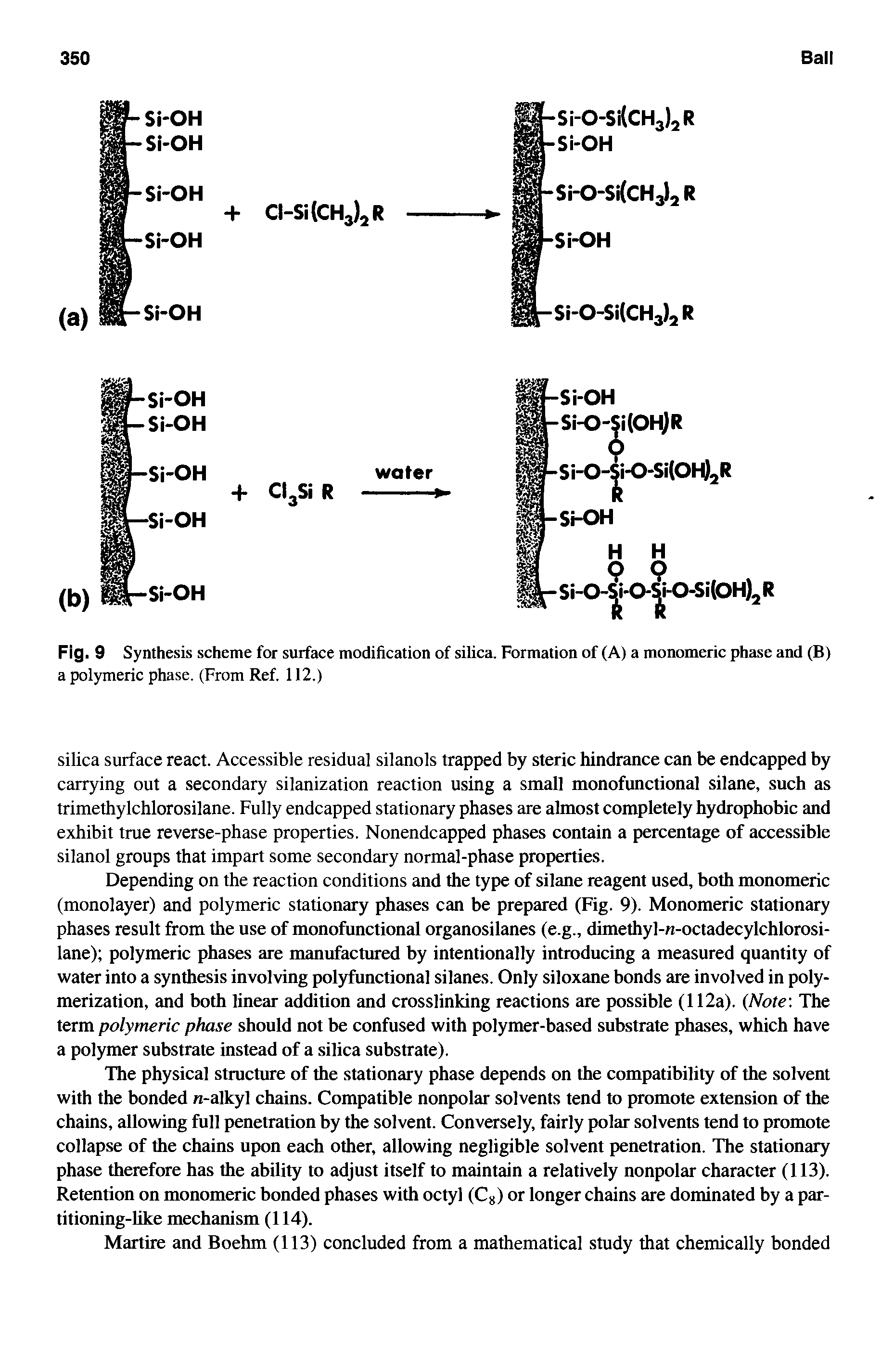 Fig. 9 Synthesis scheme for surface modification of silica. Formation of (A) a monomeric phase and (B) a polymeric phase. (From Ref. 112.)...