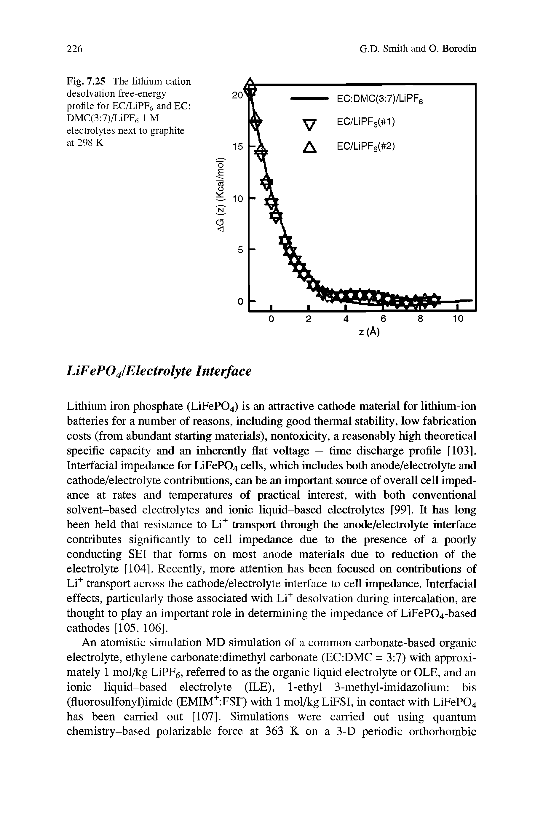 Fig. 7.25 The lithium cation desolvation free-energy profile for EC/LiPFe and EC DMC(3 7)/LiPF6 1 M electrolytes next to graphite at 298 K...