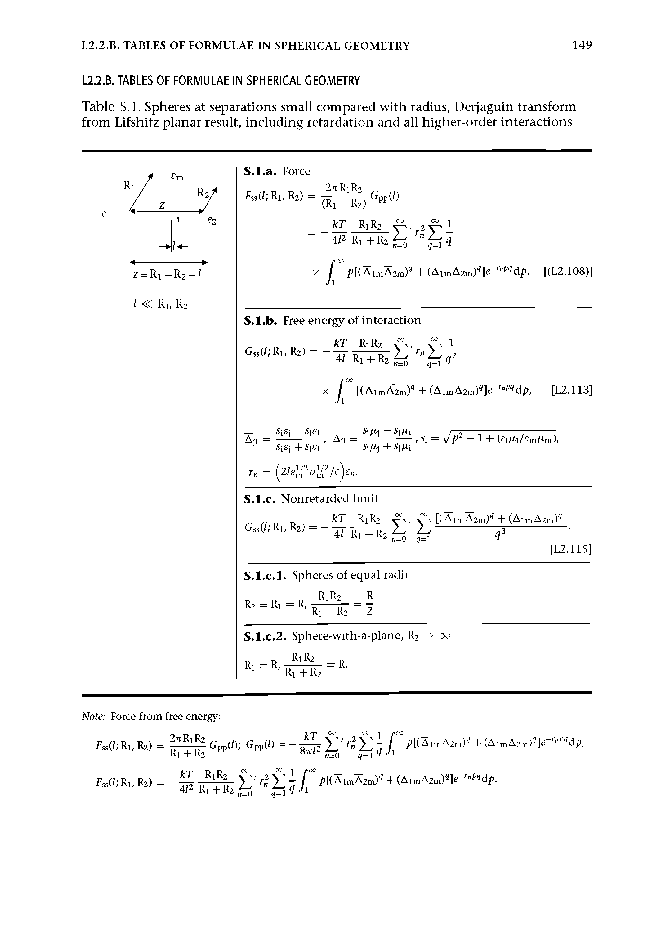 Table S.l. Spheres at separations small compared with radius, Derjaguin transform from Lifshitz planar result, including retardation and all higher-order interactions...