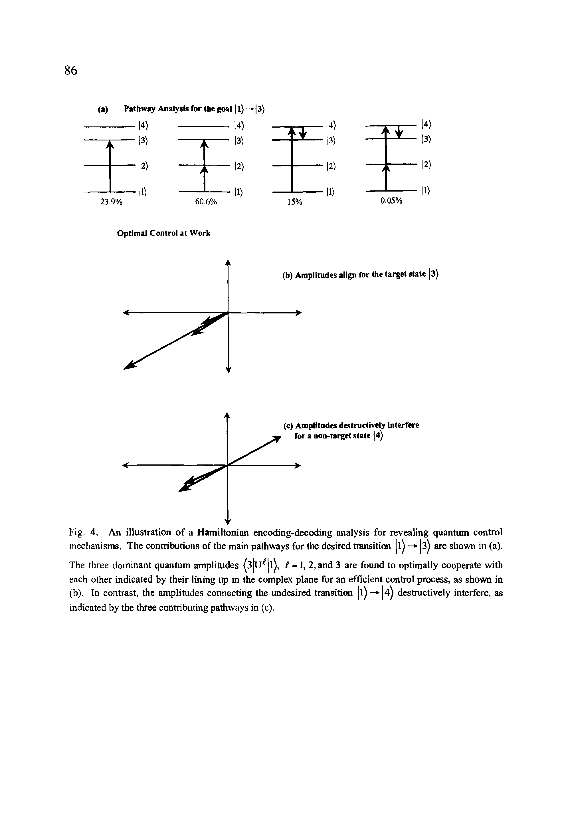 Fig. 4, An illustration of a Hamiltonian encoding-decoding analysis for revealing quantum control mechanisms. The contributions of the main pathways for the desired transition l) - 3 are shown in (a).