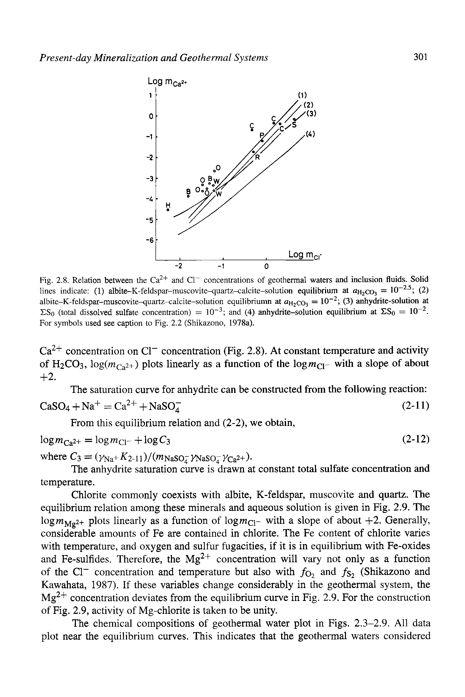 Fig. 2.8. Relation between the Ca and CR concentrations of geothermal waters and inclusion fluids. Solid lines indicate (1) albite-K-feldspar-muscovite-quartz-caleite-solution equilibrium at OHaCOs = 10 (2) albite-K-feldspar-muscovite-quartz-calcite-solution equilibriumn at oh2C03 = 10 (3) anhydrite-solution at SSo (total dissolved sulfate concentration) = 10 and (4) anhydrite-solution equilibrium at SSq = 10. For symbols used see caption to Fig. 2.2 (Shikazono, 1978a).