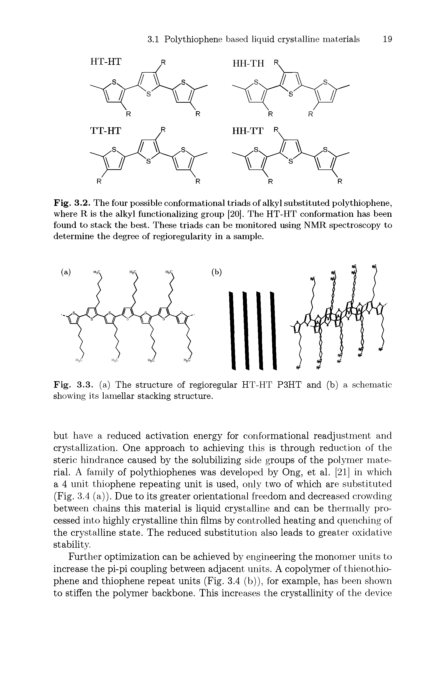 Fig. 3.2. The four possible conformational triads of alkyl substituted polythiophene, where R is the alkyl functionalizing group [20]. The HT-HT conformation has been found to stack the best. These triads can be monitored using NMR spectroscopy to determine the degree of regioregularity in a sample.