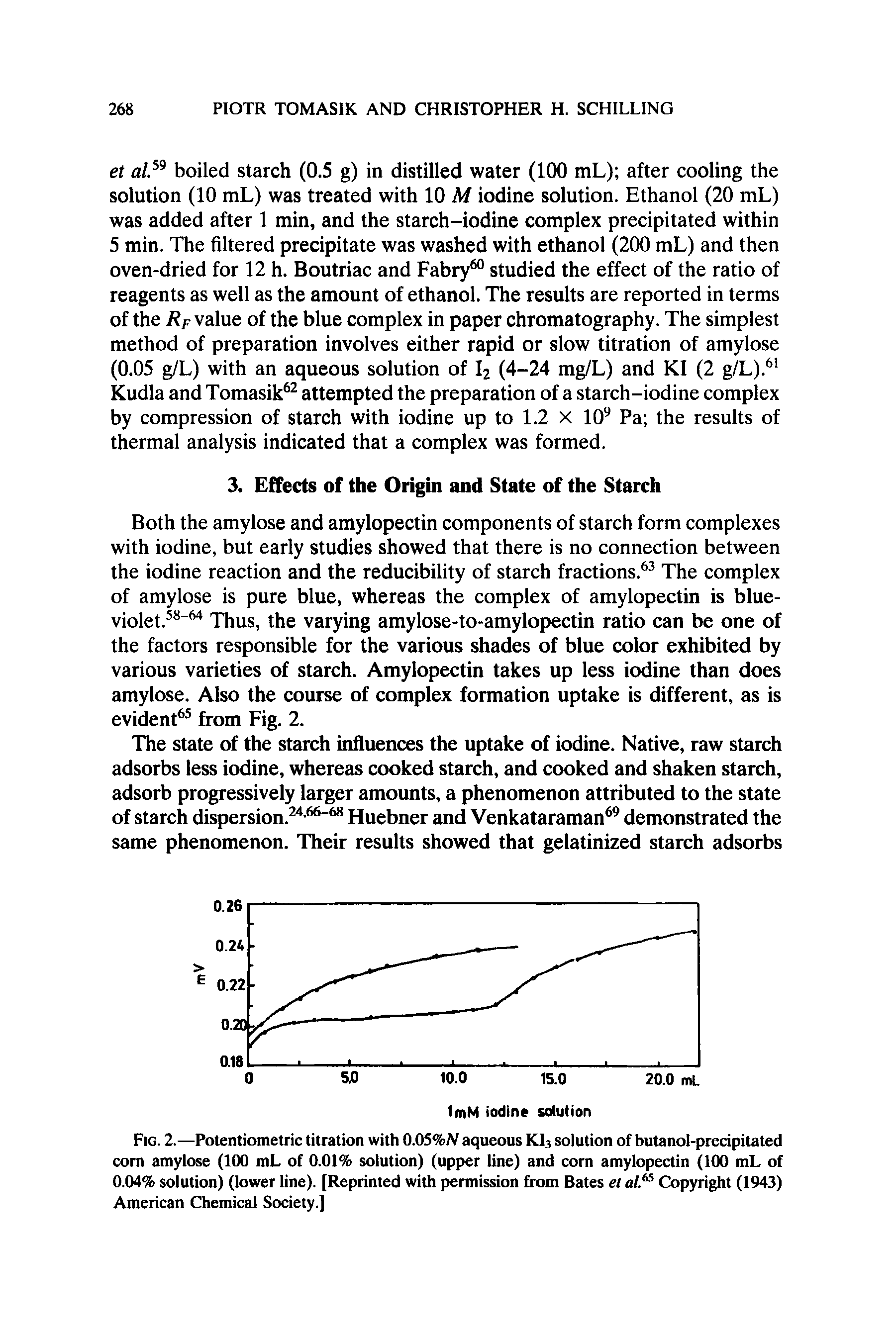 Fig. 2.—Potentiometric titration with 0.05%N aqueous KL solution of butanol-precipitated corn amylose (100 mL of 0.01% solution) (upper line) and corn amylopectin (100 mL of 0.04% solution) (lower line). [Reprinted with permission from Bates et al.65 Copyright (1943) American Chemical Society.]...