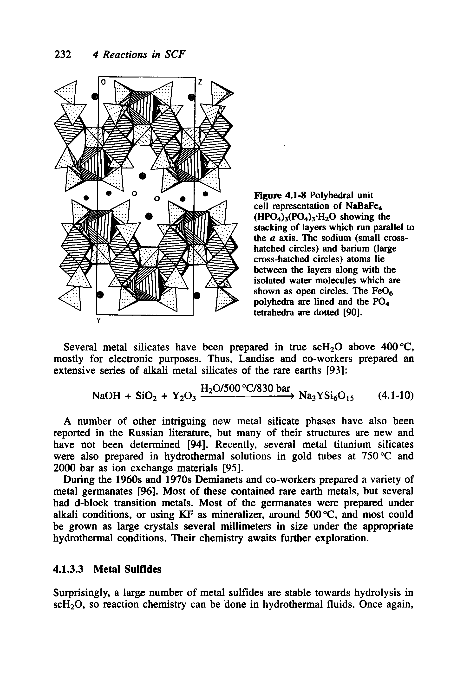 Figure 4.1-8 Polyhedral unit cell representation of NaBaFe4 (HP04)3(P04)3"H20 showing the stacking of layers which run parallel to the a axis. The sodium (small cross-hatched circles) and barium (large cross-hatched circles) atoms lie between the layers along with the isolated water molecules which are shown as open circles. The FeOe polyhedra are lined and the PO4 tetrahedra are dotted [90].