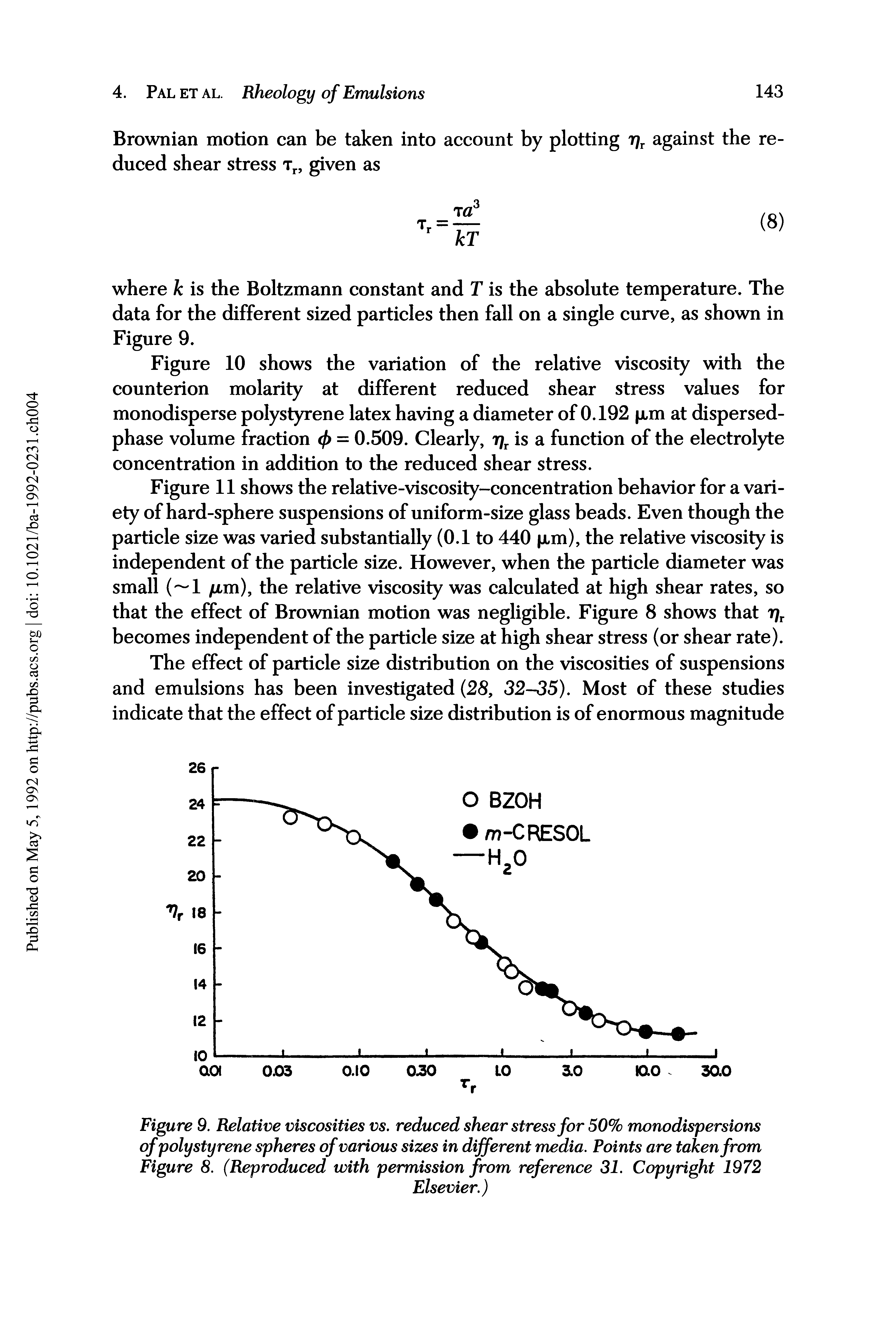 Figure 9. Relative viscosities vs. reduced shear stress for 50% monodispersions of polystyrene spheres of various sizes in different media. Points are taken from Figure 8. (Reproduced with permission from reference 31. Copyright 1972...