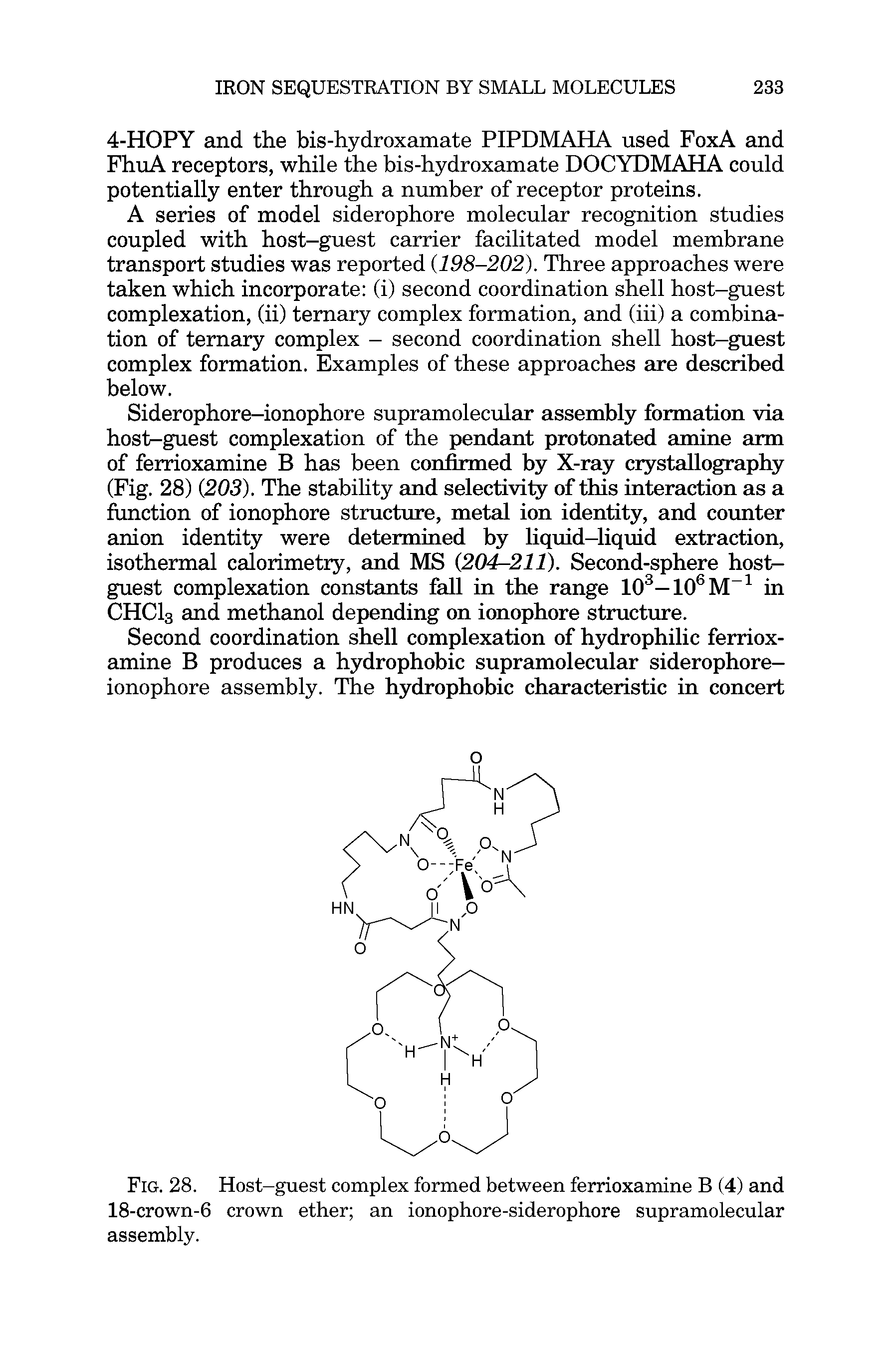 Fig. 28. Host-guest complex formed between ferrioxamine B (4) and 18-crown-6 crown ether an ionophore-siderophore supramolecular assembly.