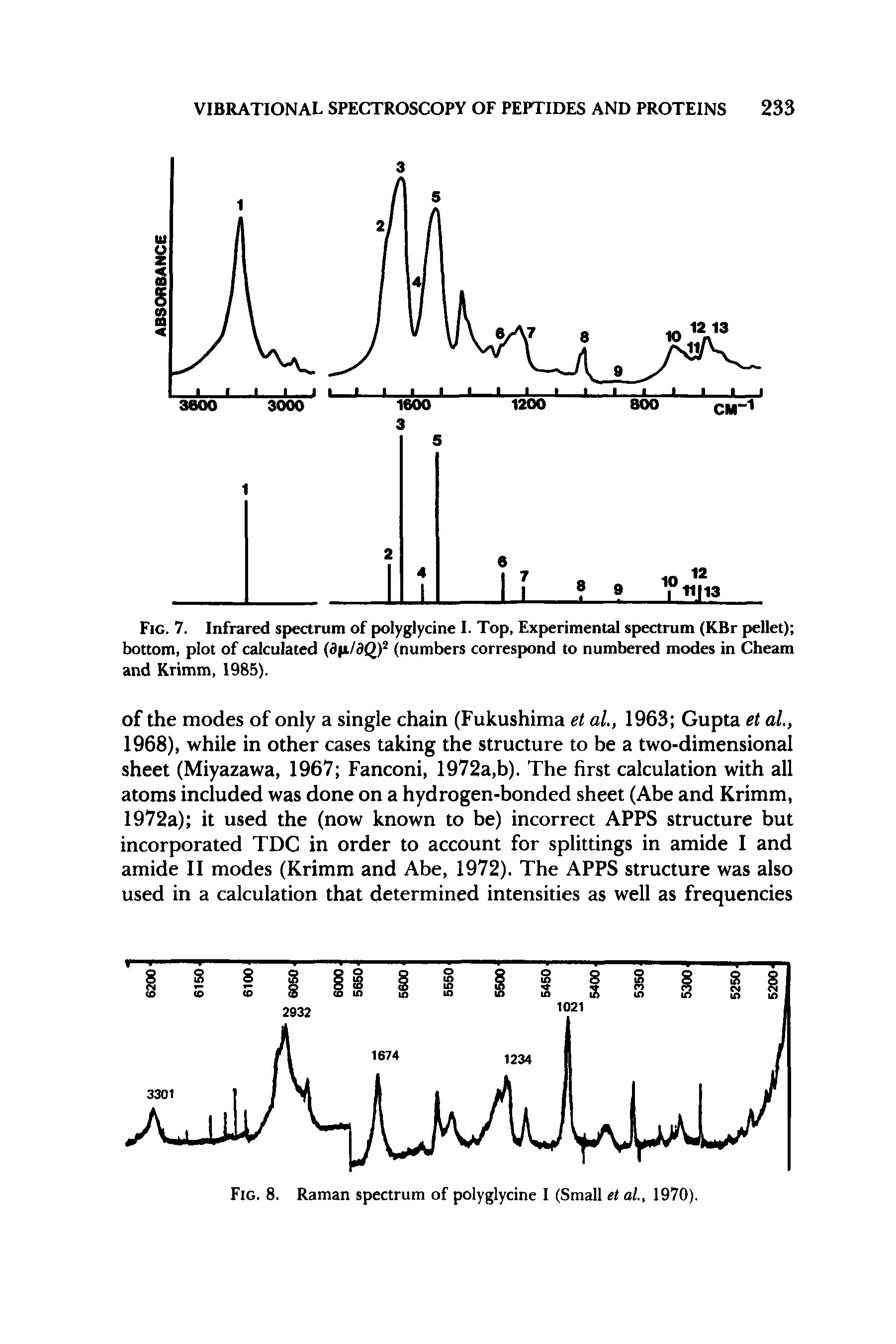 Fig. 7. Infrared spectrum of polyglycine I. Top, Experimental spectrum (KBr pellet) bottom, plot of calculated (flji/aQ) (numbers correspond to numbered modes in Cheam and Krimm, 1985).