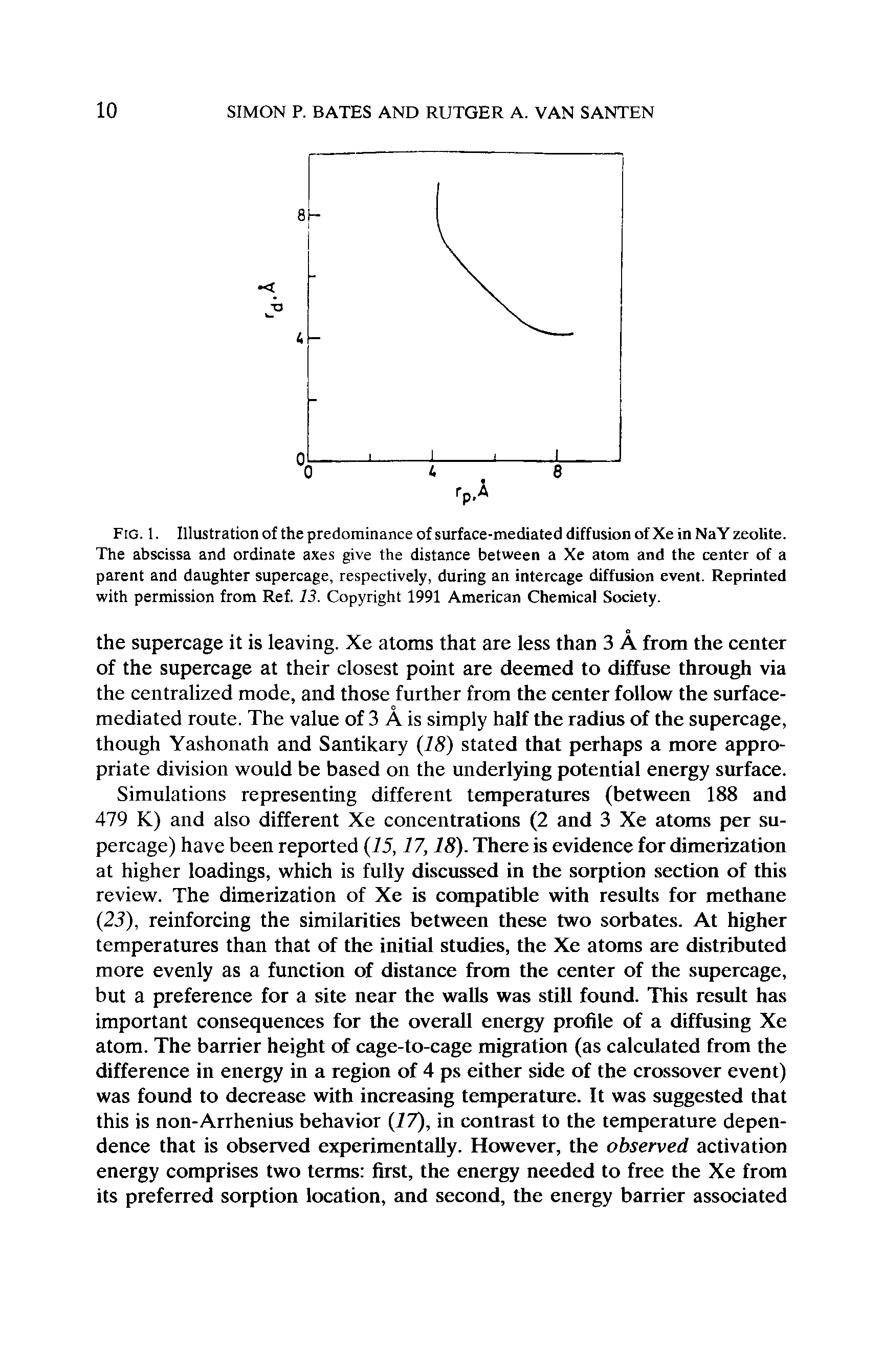 Fig. 1. Illustration of the predominance of surface-mediated diffusion of Xe in NaY zeolite. The abscissa and ordinate axes give the distance between a Xe atom and the center of a parent and daughter supercage, respectively, during an intercage diffusion event. Reprinted with permission from Ref. 13. Copyright 1991 American Chemical Society.