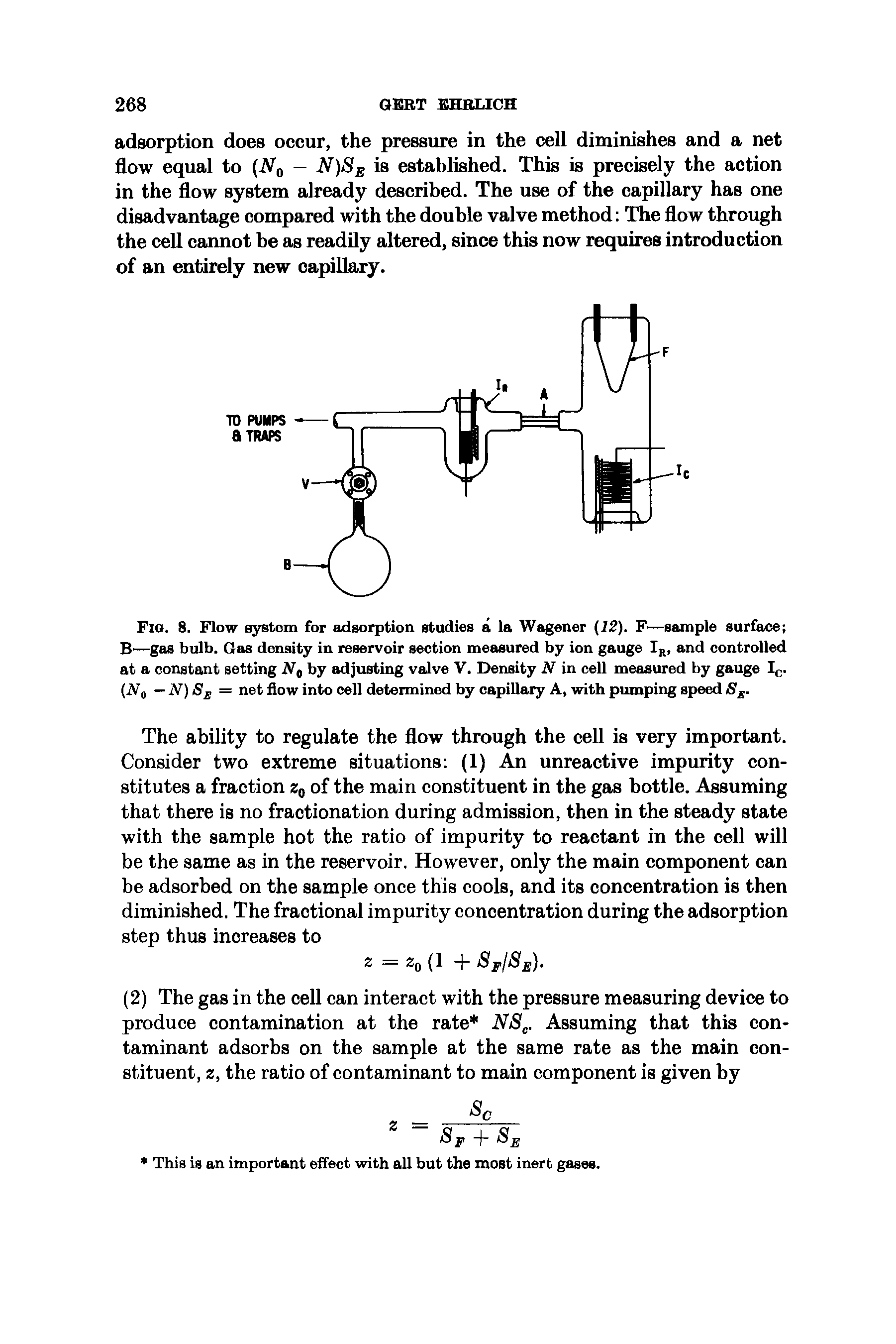 Fig. 8. Flow system for adsorption studies a la Wagener (12). F—sample surface B—gas bulb. Gas density in reservoir section measured by ion gauge IR, and controlled at a constant setting Nt by adjusting valve V. Density N in cell measured by gauge In. (jV —N)Se = net flow into cell determined by capillary A, with pumping speed SE.