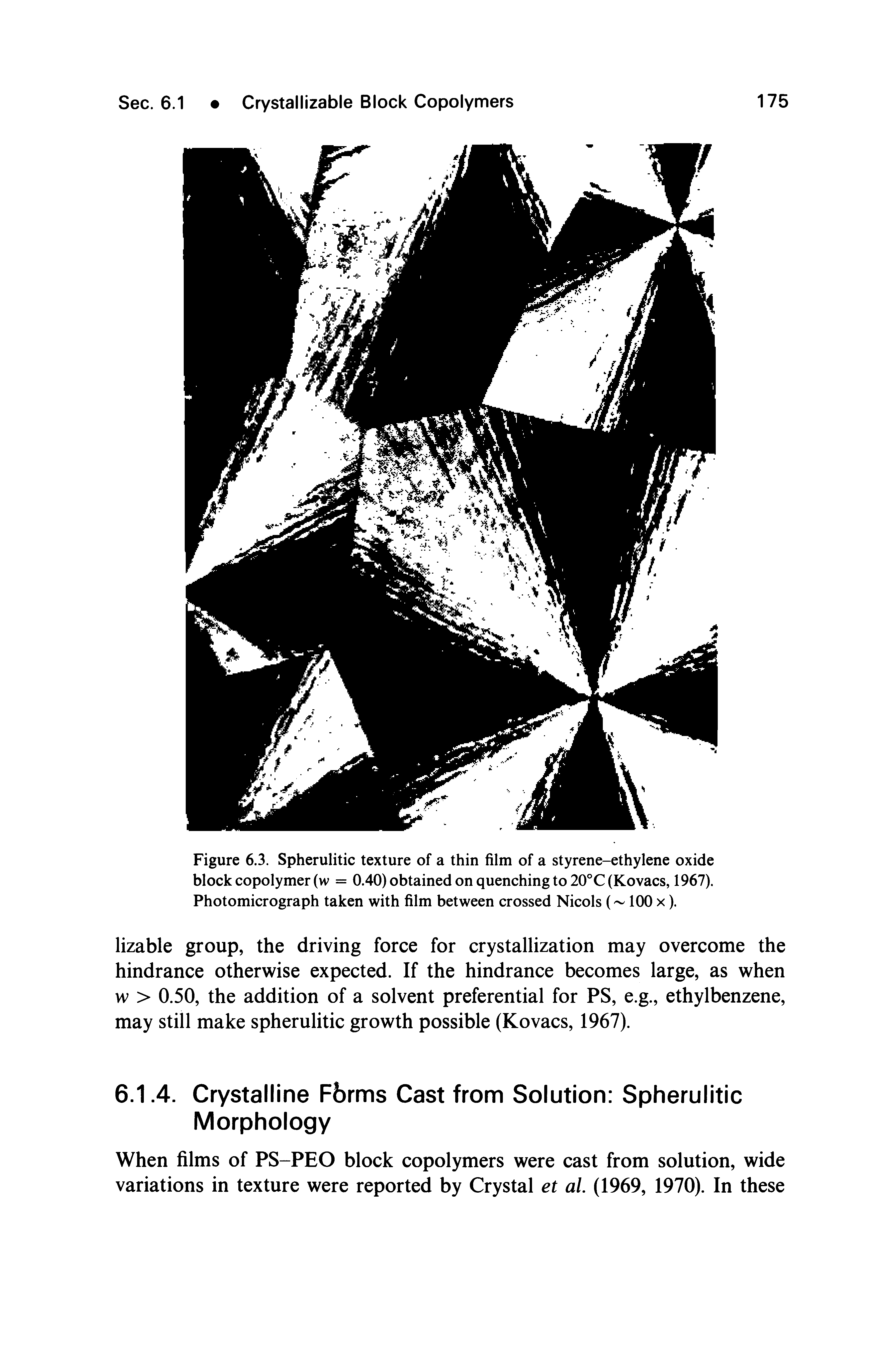 Figure 6.3. Spherulitic texture of a thin film of a styrene-ethylene oxide block copolymer (w = 0.40) obtained on quenching to 20°C (Kovacs, 1967). Photomicrograph taken with film between crossed Nicols ( 100 x).