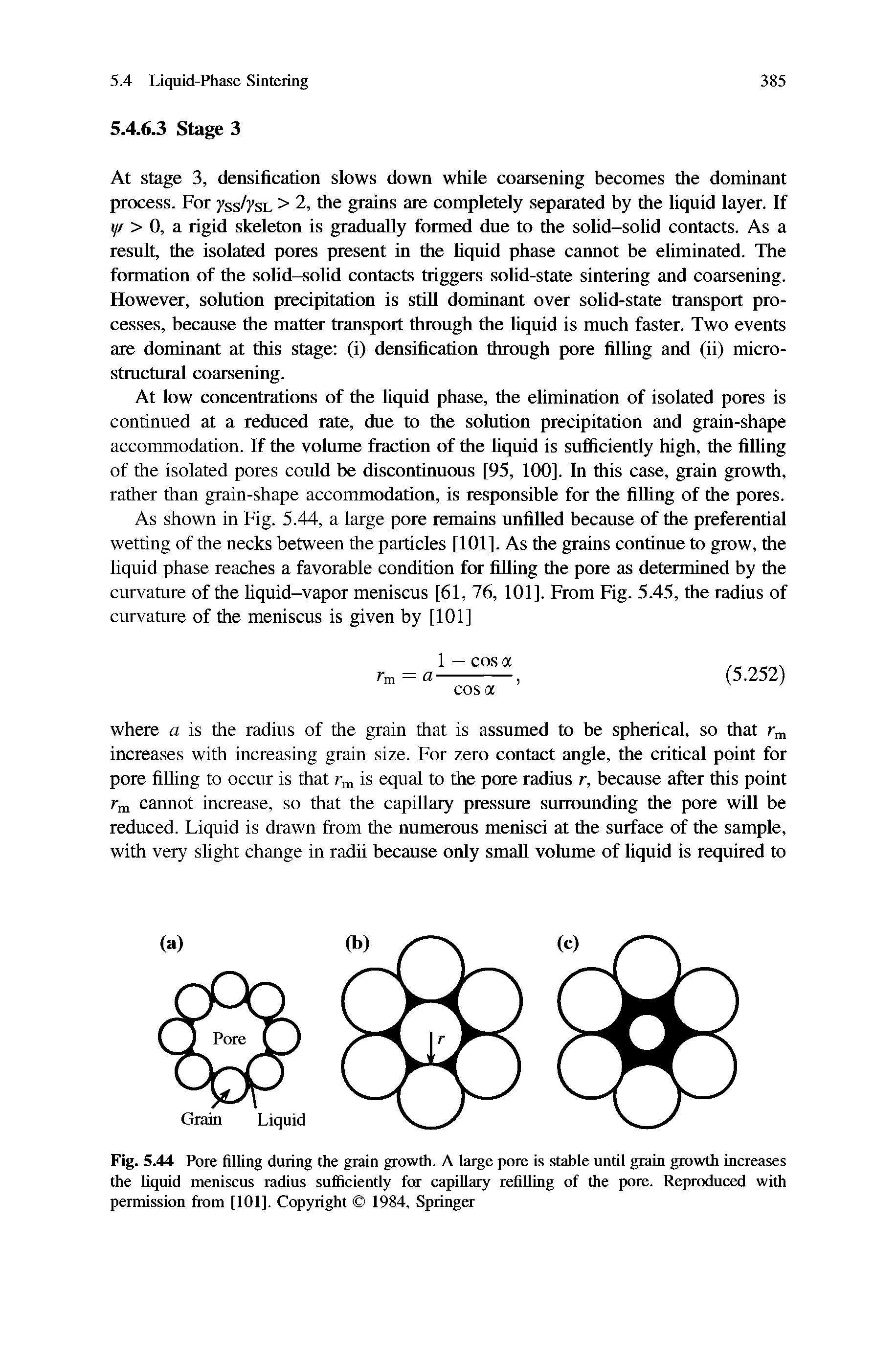 Fig. 5.44 Pore filling during the grain growth. A large pore is stable until grain growth increases the liquid meniscus radius sufficiently for capillary refilling of the pore. Reproduced with permission from [101]. Copyright 1984, Springta...