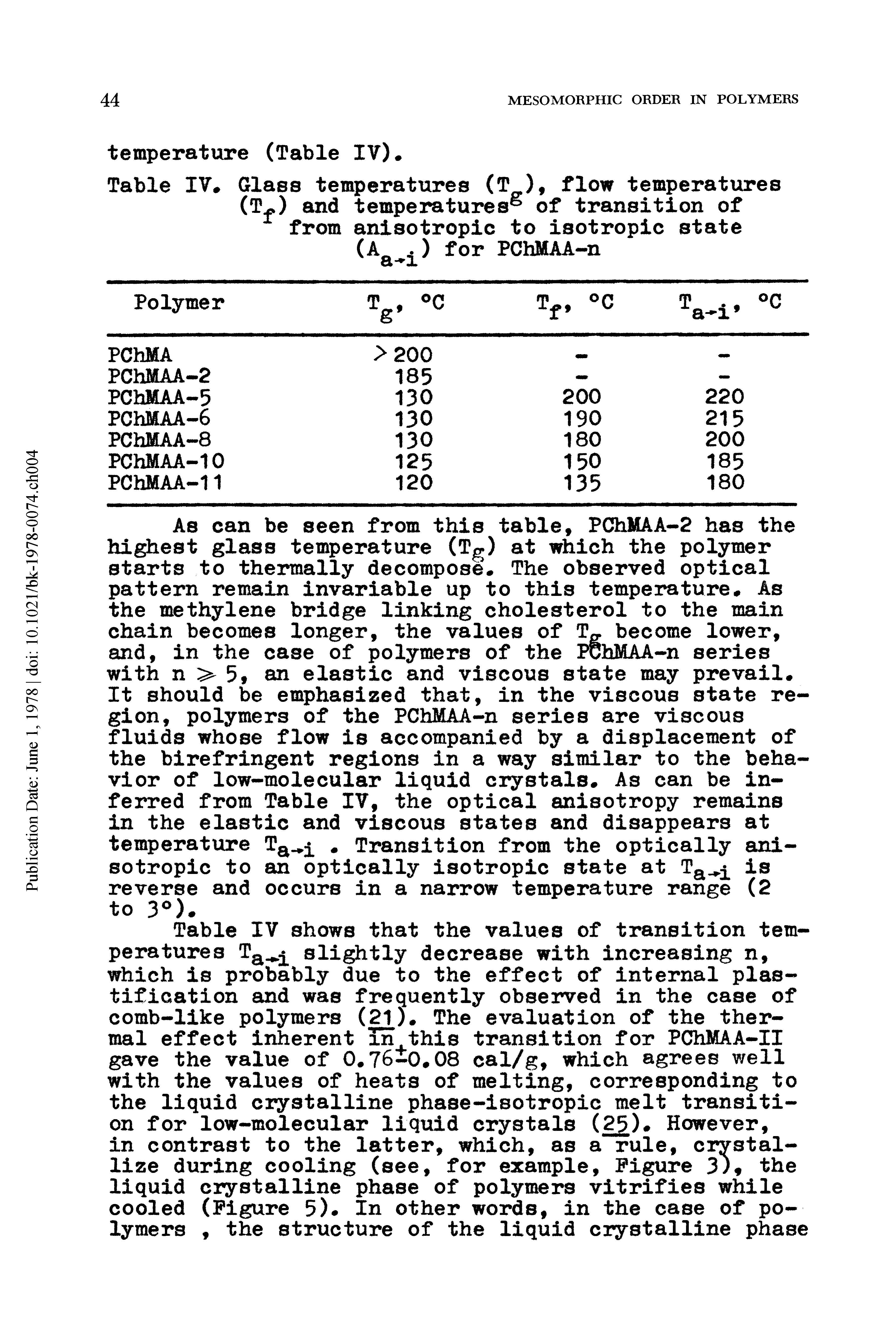 Table IV shows that the values of transition temperatures Tg j slightly decrease with increasing n, which is probably due to the effect of internal plas-tification and was frequently observed in the case of comb-like polymers (21), The evaluation of the thermal effect inherent In this transition for PChMAA-II gave the value of 0,76-0,08 cal/g, which agrees well with the values of heats of melting, corresponding to the liquid crystalline phase-isotropic melt transition for low-molecular liqtdd crystals ( ), However, in contrast to the latter, which, as a rule, crystallize during cooling (see, for example, Pi re 33. the liquid crystalline phase of polymers vitrifies while cooled (Figure 5). In other words, in the case of polymers, the structure of the liquid C3 ystalline phase...