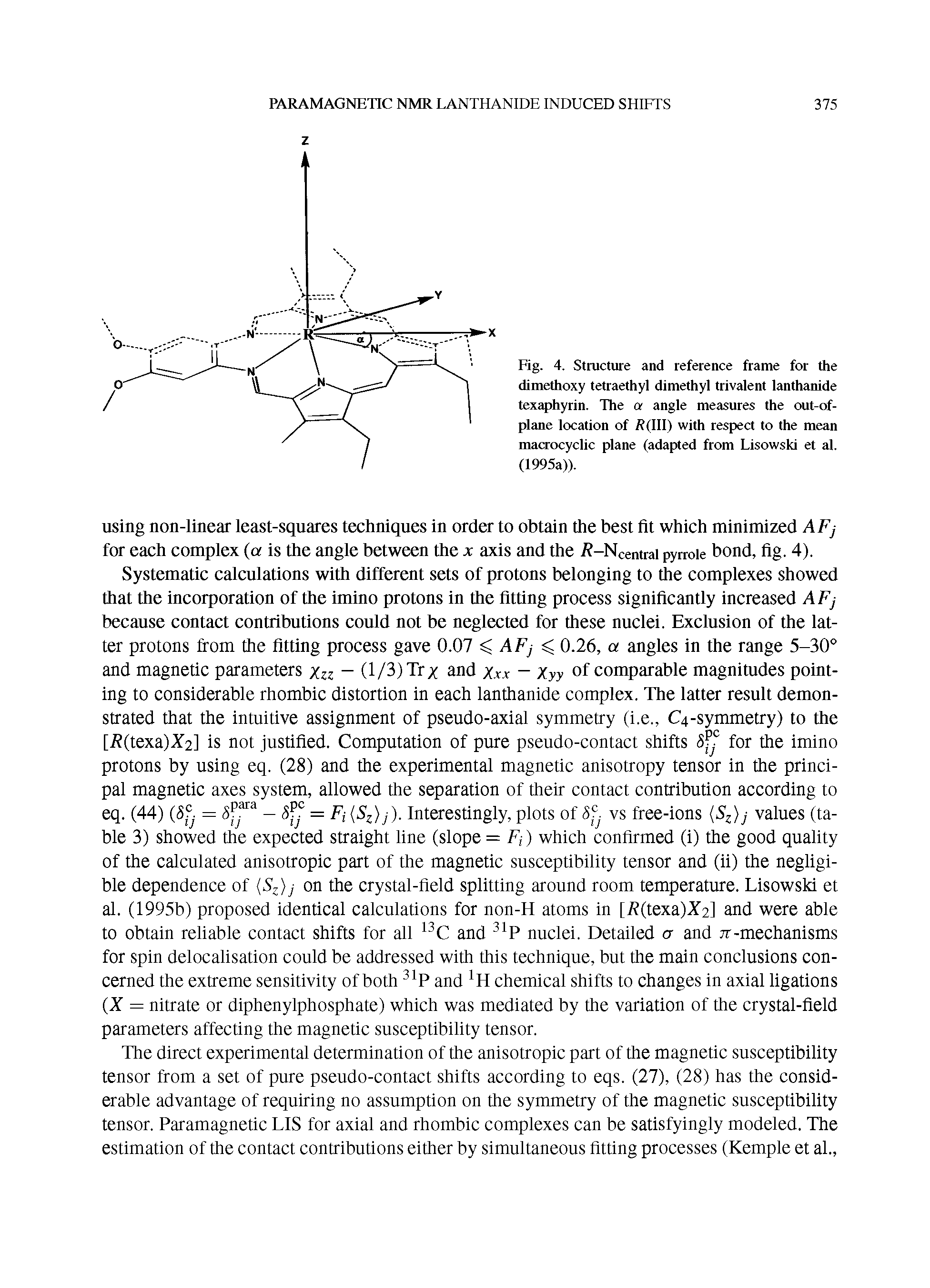 Fig. 4. Structure and reference frame for the dimethoxy tetraethyl dimethyl trivalent lanthanide texaphyrin. The a angle measures the out-ofplane location of / (Ill) with respect to the mean macrocyclic plane (adapted from Lisowski et al. (1995a)).