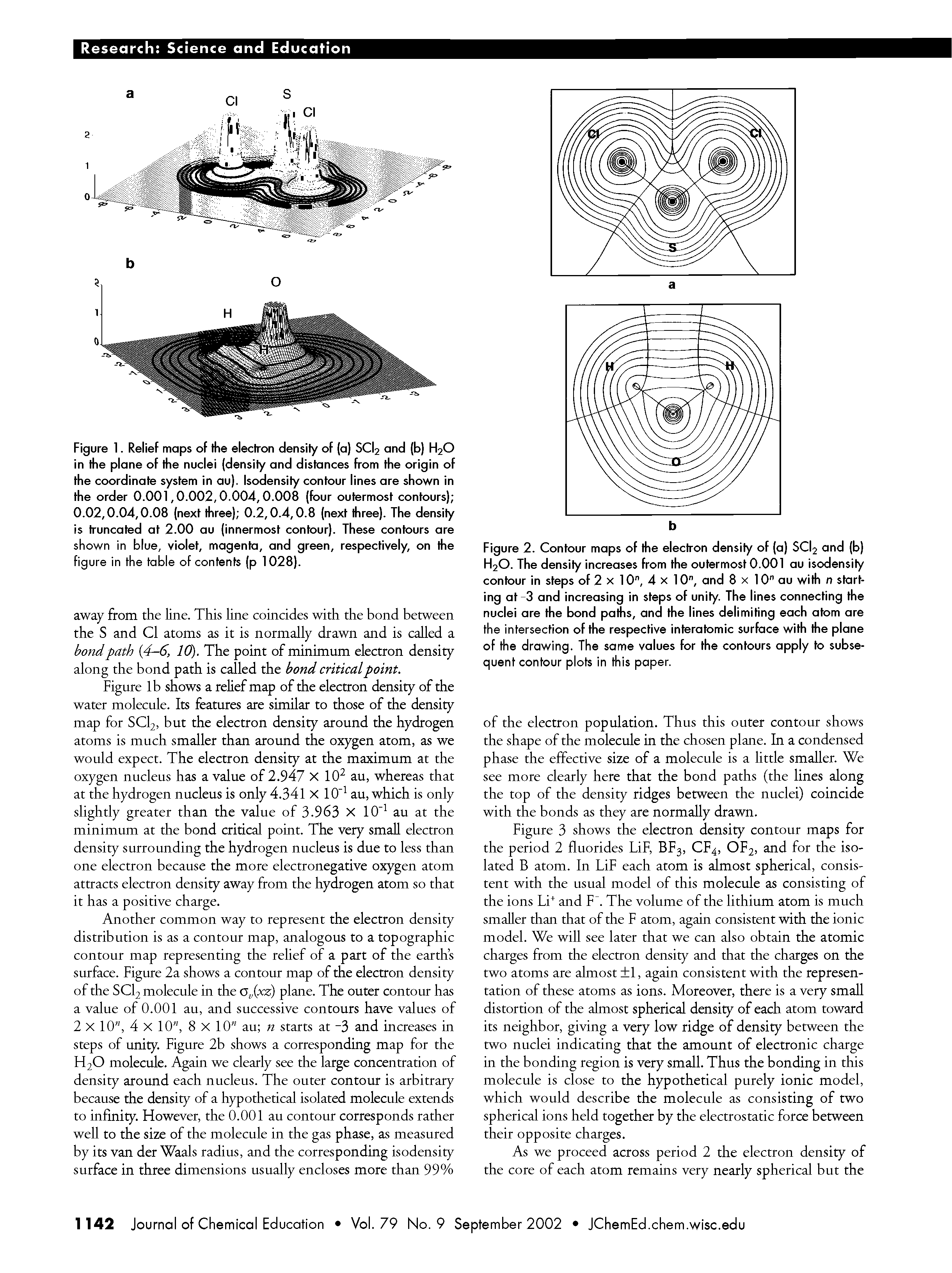 Figure 2. Contour maps of the electron density of (a) SCI2 and (b) H2O. The density increases from the outermost 0.001 au isodensily contour in steps of 2 x 10", 4 x 10", and 8 x 10" au with n starting at 3 and increasing in steps of unity. The lines connecting the nuclei are the bond paths, and the lines delimiting each atom are the intersection of the respective interatomic surface with the plane of the drawing. The same values for the contours apply to subsequent contour plots in this paper.