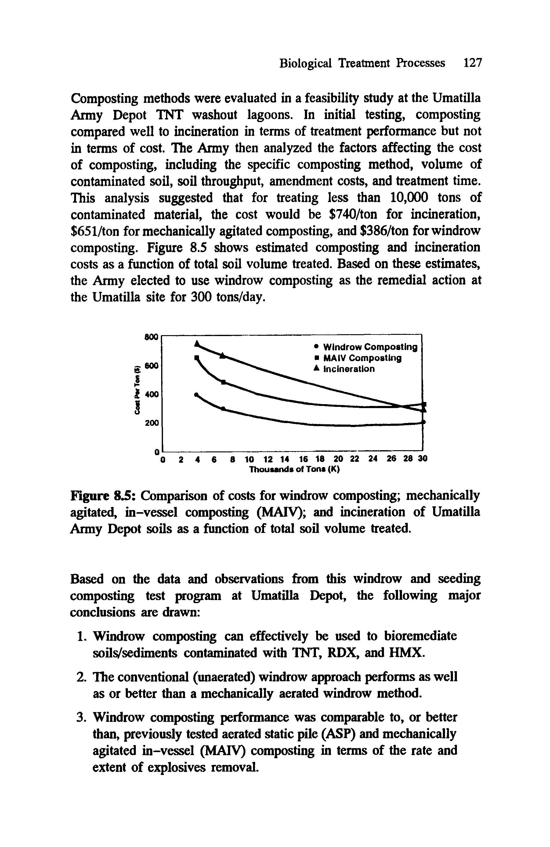 Figure 8.5 Comparison of costs for windrow composting mechanically agitated, in-vessel composting (MATV) and incineration of Umatilla Army Depot soils as a function of total soil volume treated.