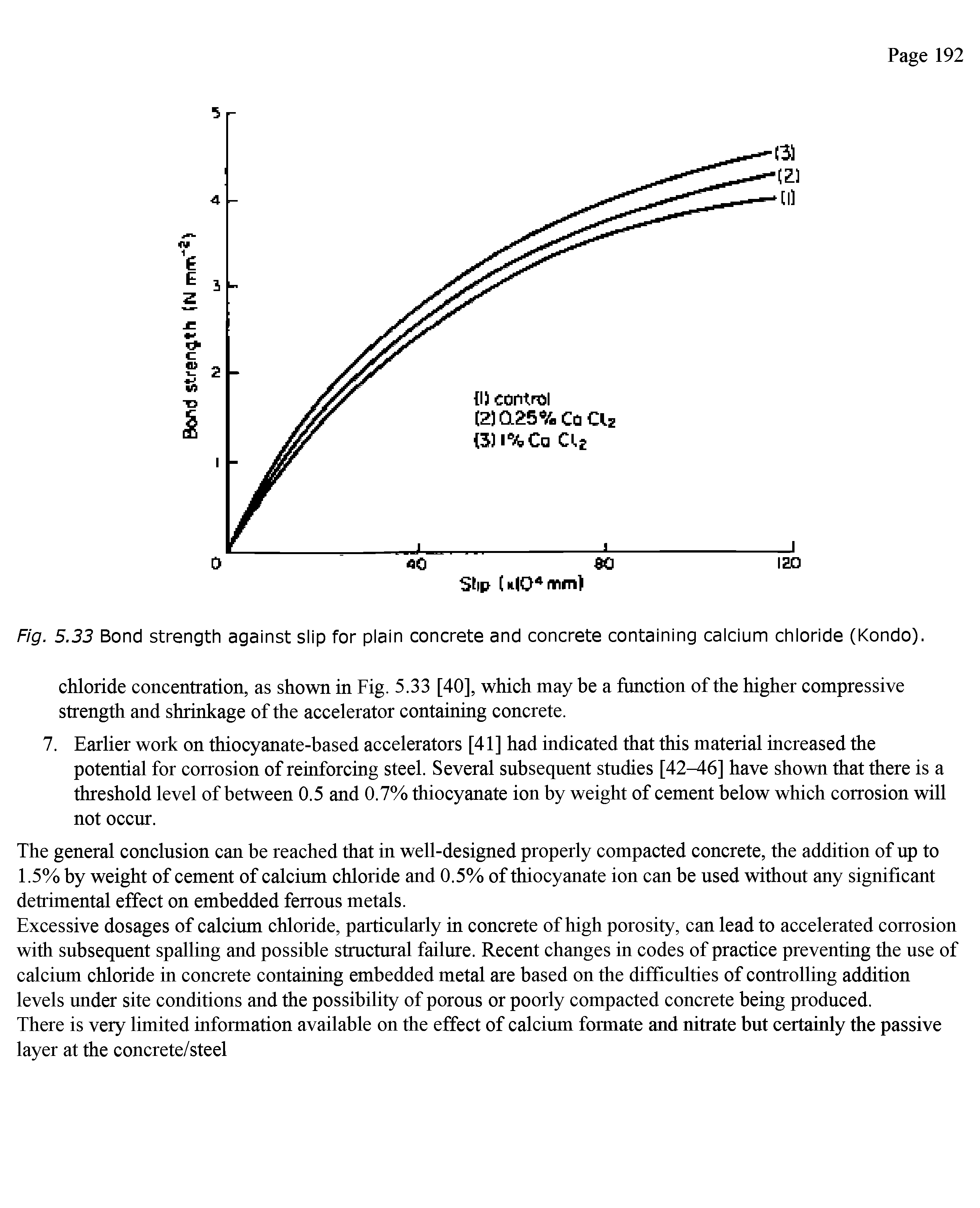 Fig. 5.33 Bond strength against slip for plain concrete and concrete containing calcium chloride (Kondo).