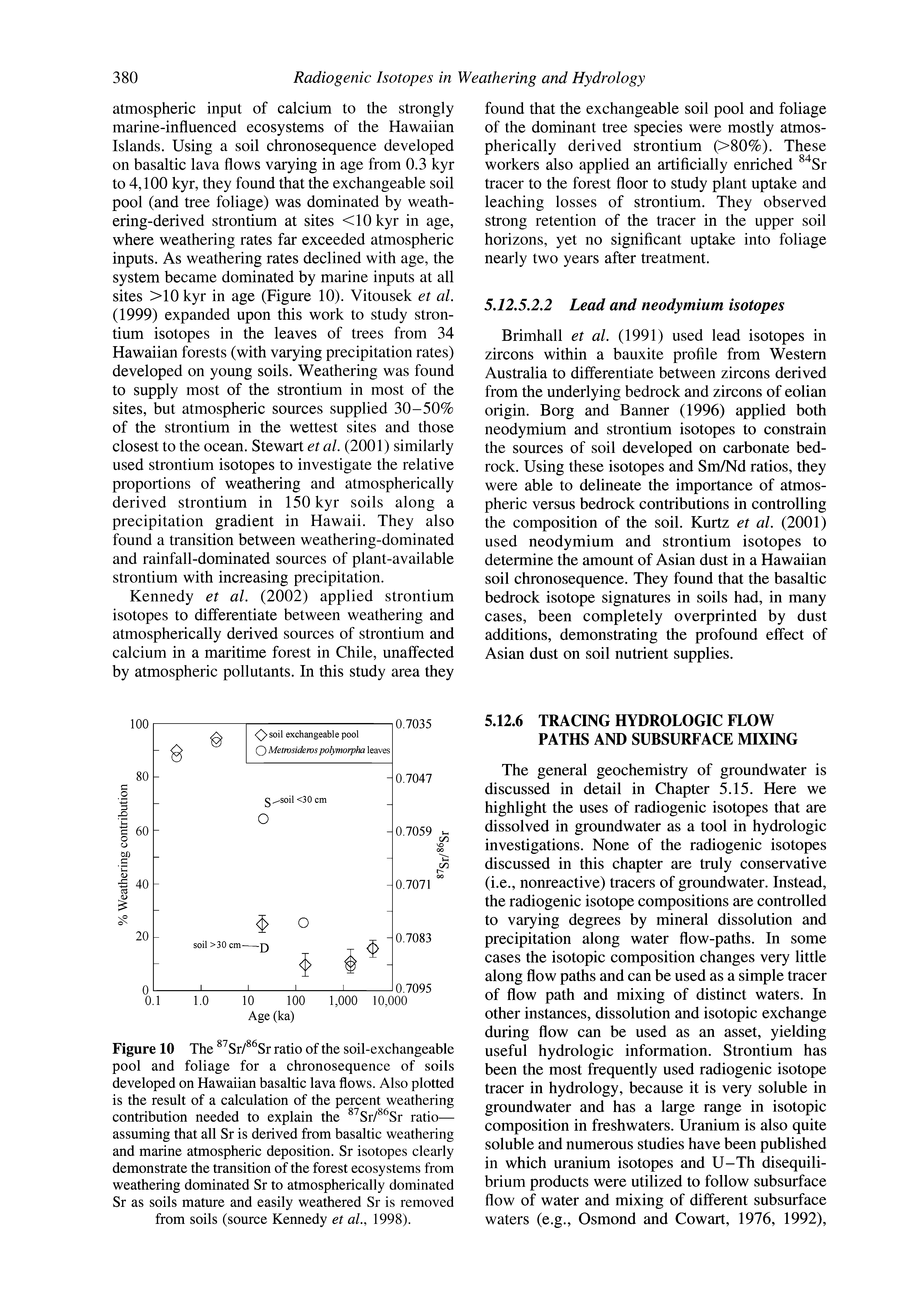 Figure 10 The Sr/ Sr ratio of the soil-exchangeable pool and foliage for a chronosequence of soils developed on Hawaiian basaltic lava flows. Also plotted is the result of a calculation of the percent weathering contribution needed to explain the Sr/ Sr ratio— assuming that all Sr is derived from basaltic weathering and marine atmospheric deposition. Sr isotopes clearly demonstrate the transition of the forest ecosystems from weathering dominated Sr to atmospherically dominated Sr as soils mature and easily weathered Sr is removed from soils (source Kennedy et al., 1998).