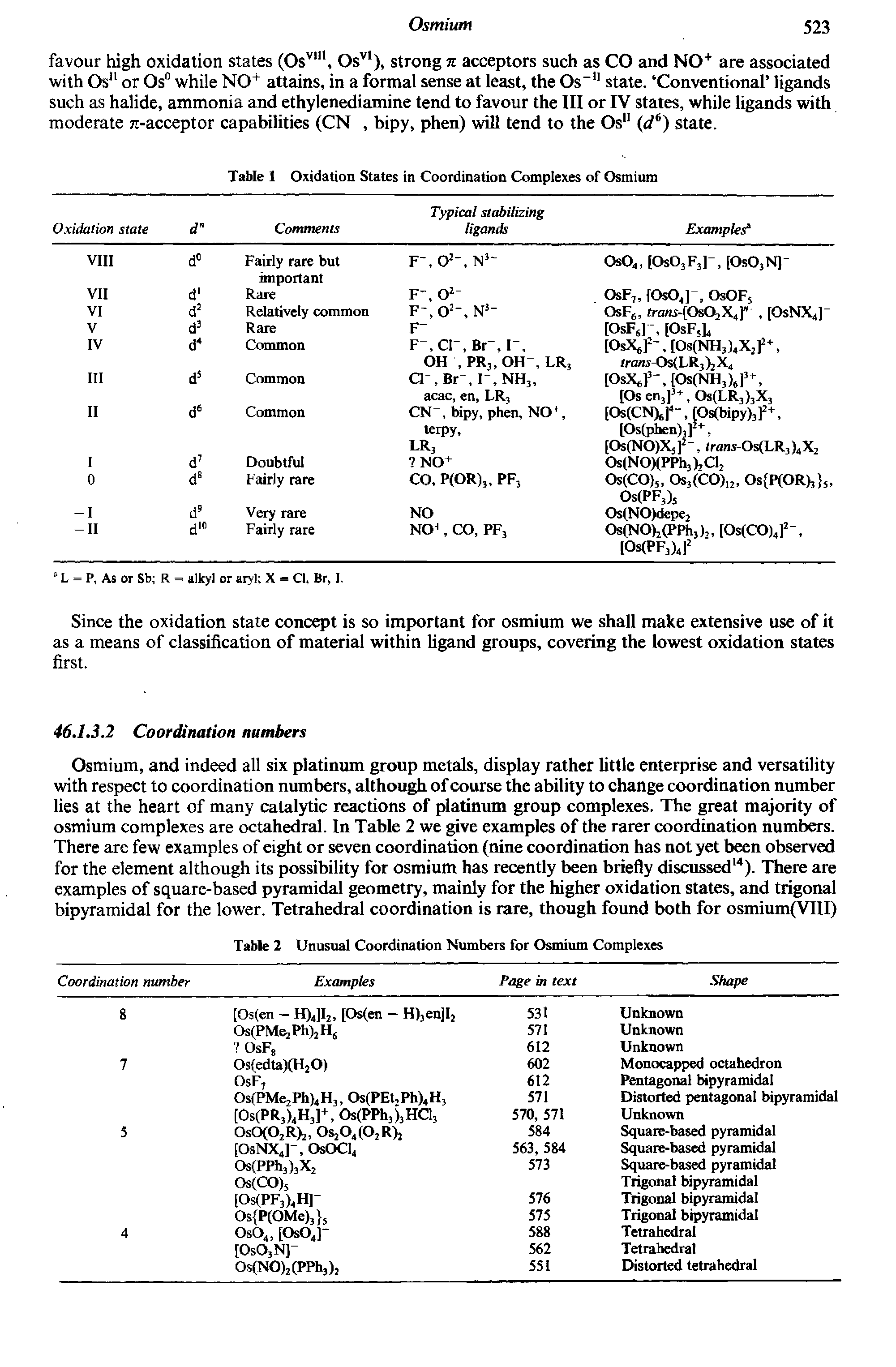 Table 2 Unusual Coordination Numbers for Osmium Complexes...