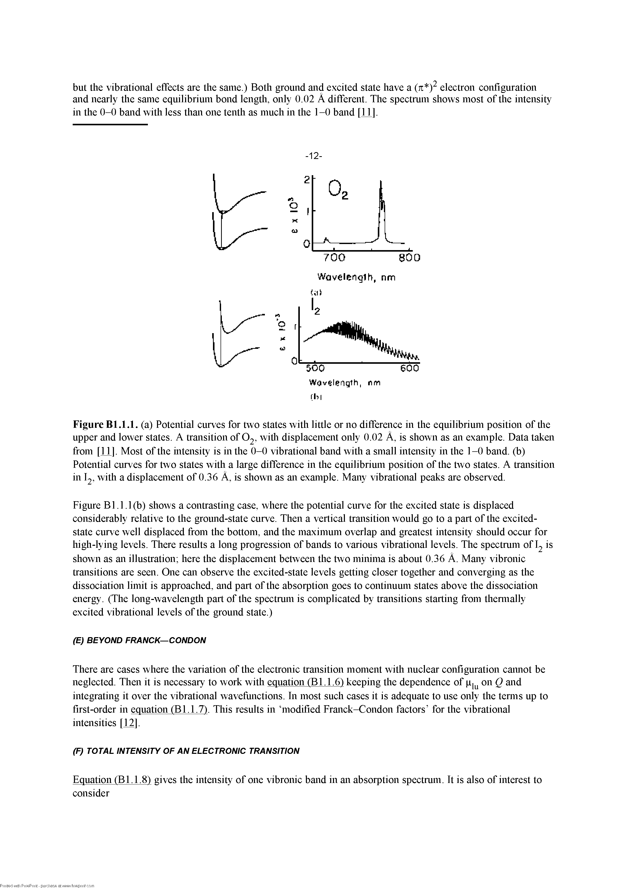 Figure Bl.1.1. (a) Potential curves for two states with little or no difference in the equilibrium position of tire upper and lower states. A ttansition of O2, witli displacement only 0.02 A, is shown as an example. Data taken from [11]. Most of the mtensity is in the 0-0 vibrational band with a small intensity in the 1-0 band, (b) Potential curves for two states with a large difference in the equilibrium position of the two states. A ttansition in I2, with a displacement of 0.36 A, is shown as an example. Many vibrational peaks are observed.