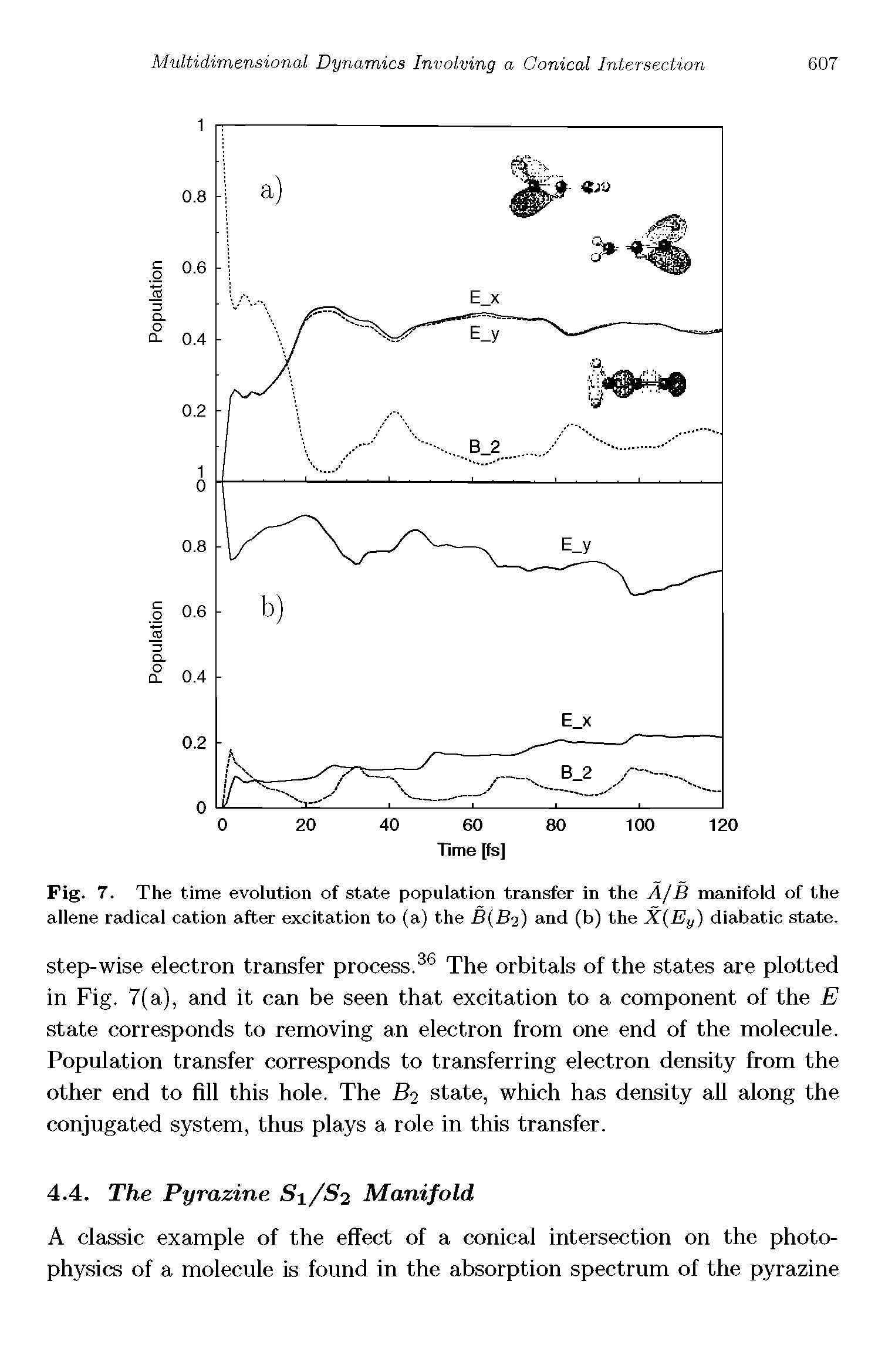 Fig. 7. The time evolution of state population transfer in the A/B manifold of the allene radical cation after excitation to (a) the B B2) and (b) the X Ey) diabatic state.