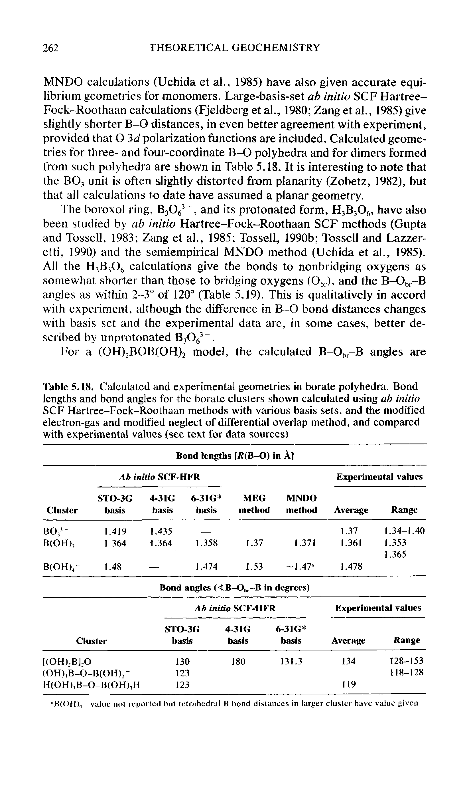 Table 5.18. Calculated and experimental geometries in borate polyhedra. Bond lengths and bond angles for the borate clusters shown calculated using ab initio SCF Hartree-Fock-Roothaan methods with various basis sets, and the modified electron-gas and modified neglect of differential overlap method, and compared with experimental values (see text for data sources)...
