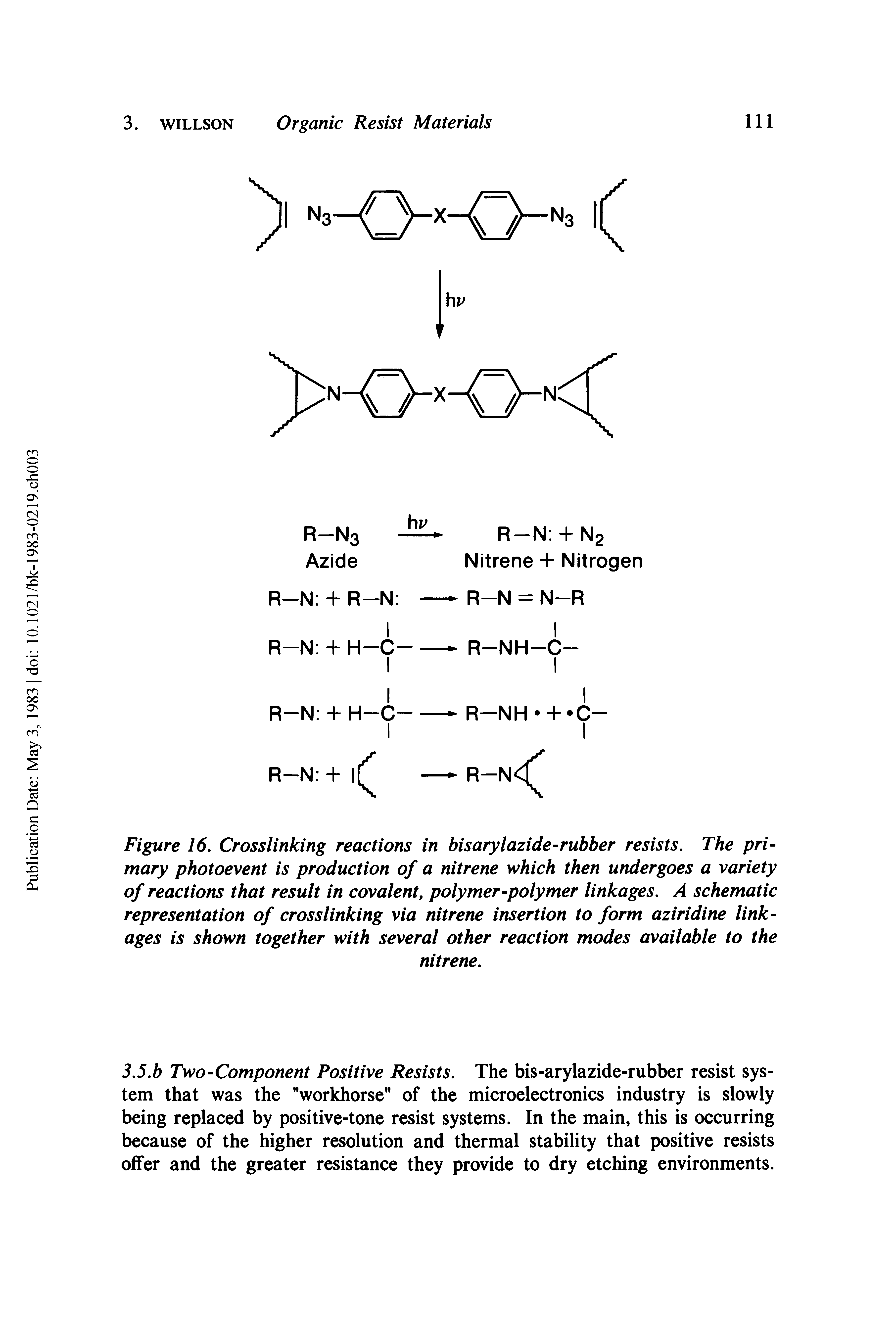 Figure 16. Crosslinking reactions in bisarylazide-rubber resists. The primary photoevent is production of a nitrene which then undergoes a variety of reactions that result in covalent, polymer-polymer linkages. A schematic representation of crosslinking via nitrene insertion to form aziridine linkages is shown together with several other reaction modes available to the...