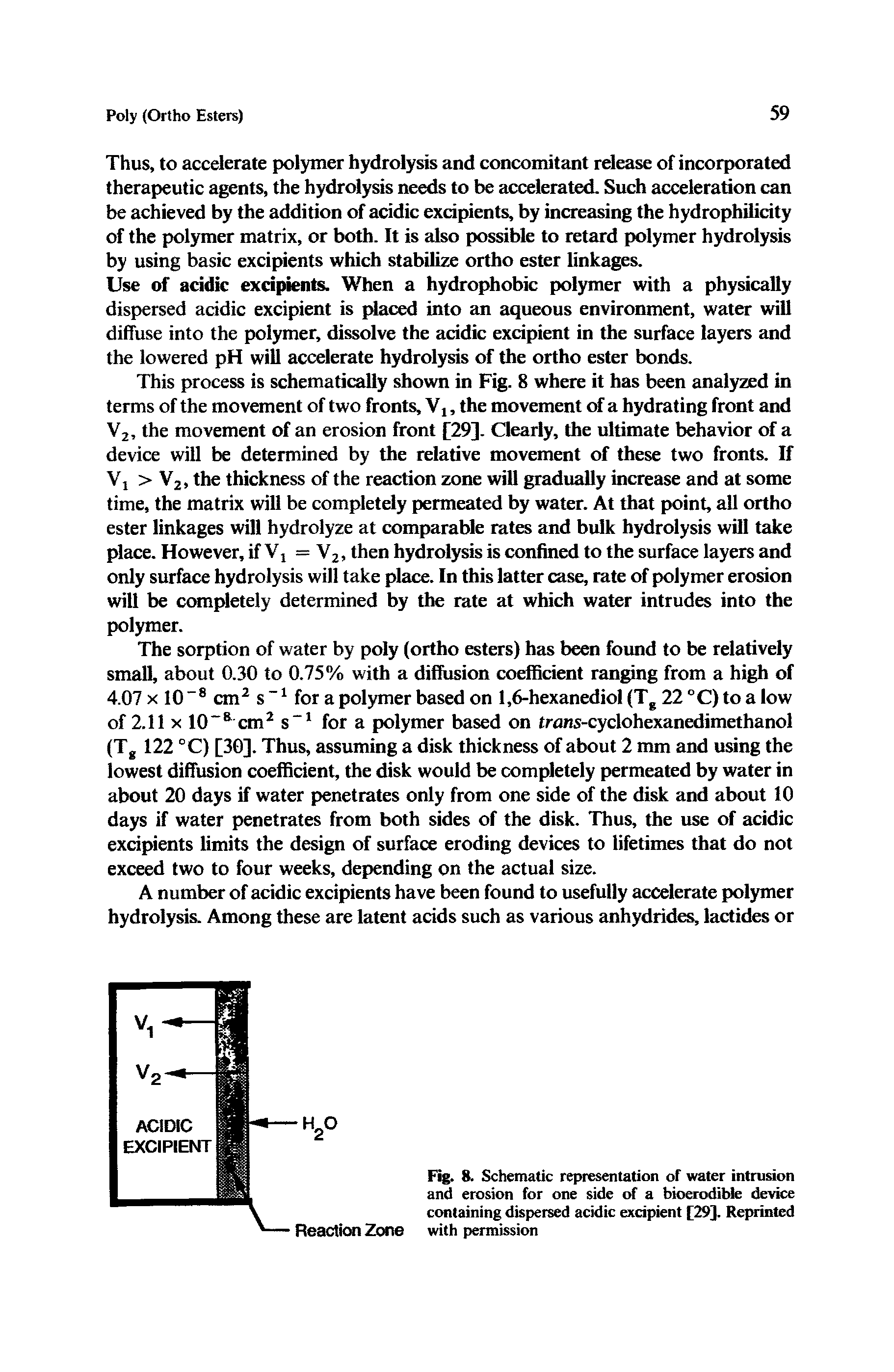 Fig. 8. Schematic representation of water intrusion and erosion for one side of a bioerodible device containing dispersed acidic excipient [29]. Reprinted with permission...