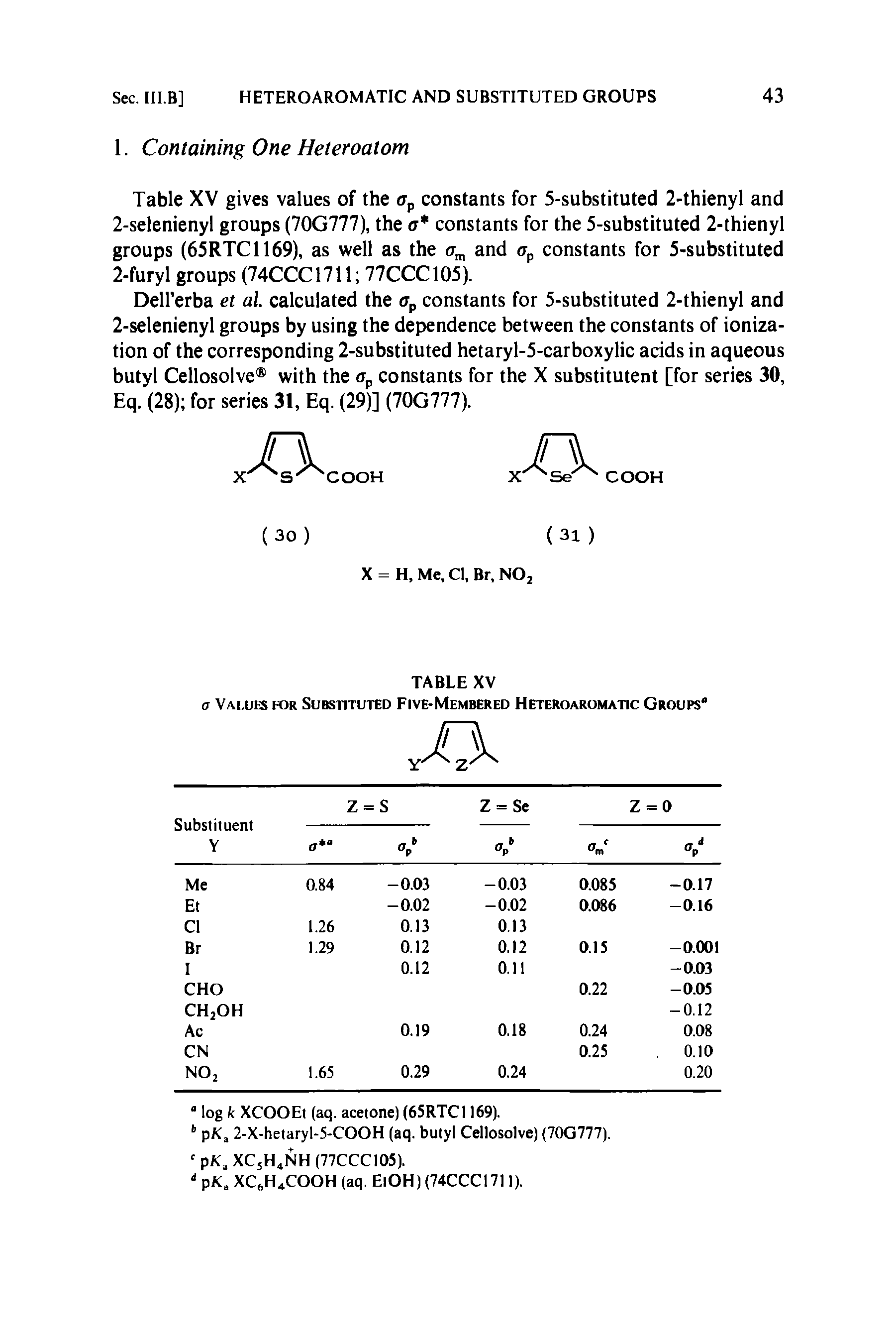 Table XV gives values of the constants for 5-substituted 2-thienyl and 2-selenienyl groups (70G777), the a constants for the 5-substituted 2-thienyl groups (65RTC1169), as well as the and constants for 5-substituted 2-furyl groups (74CCC1711 77CCC105).