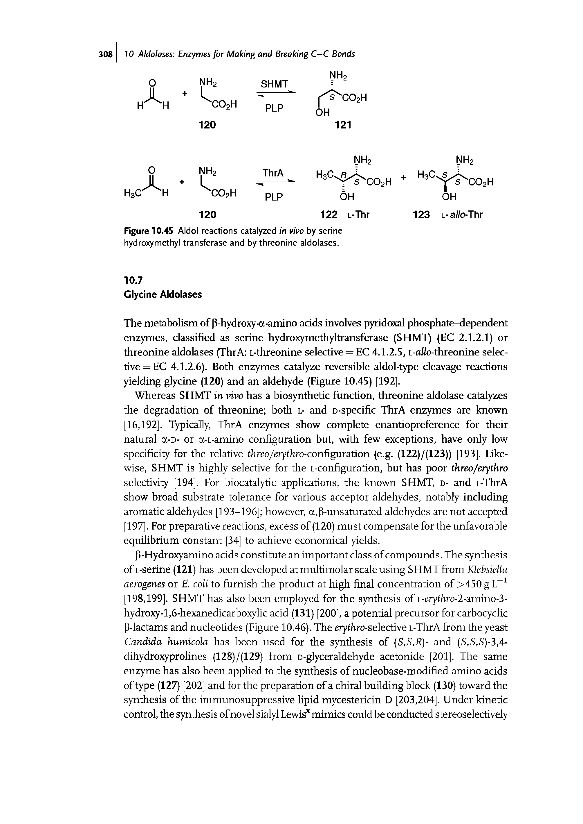 Figure 10.45 Aldol reactions catalyzed in vivo by serine hydroxymethyl transferase and by threonine aldolases.