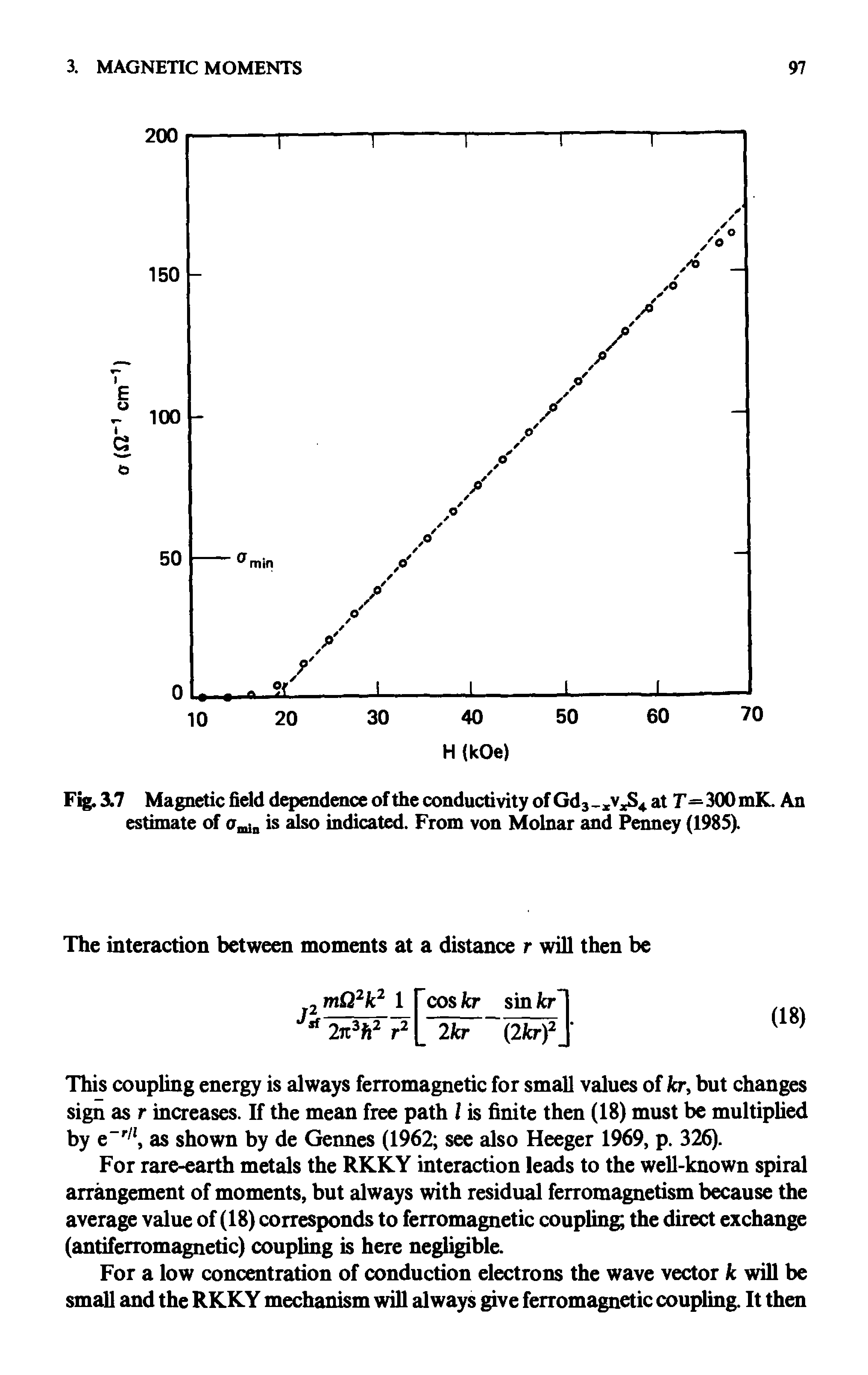 Fig. 3.7 Magnetic field dependence of the conductivity of Gd3 xvxS4 at T—300 mK. An estimate of is also indicated. From von Molnar and Penney (1985).